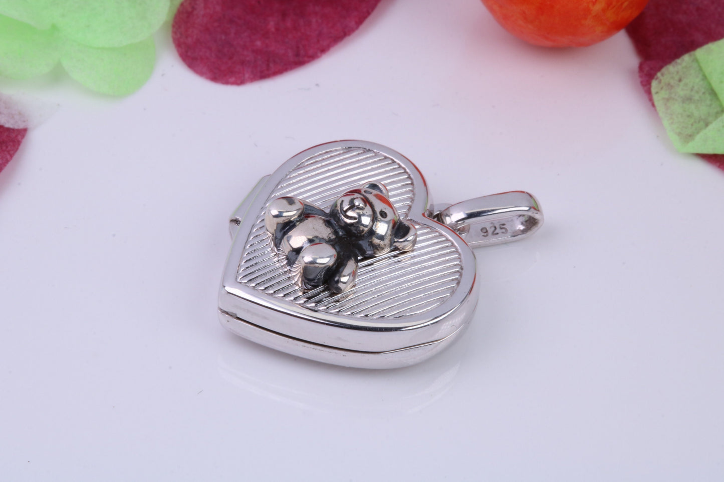 18 mm Teddy Bear Heart Shaped Locket, Made from Solid Sterling Silver