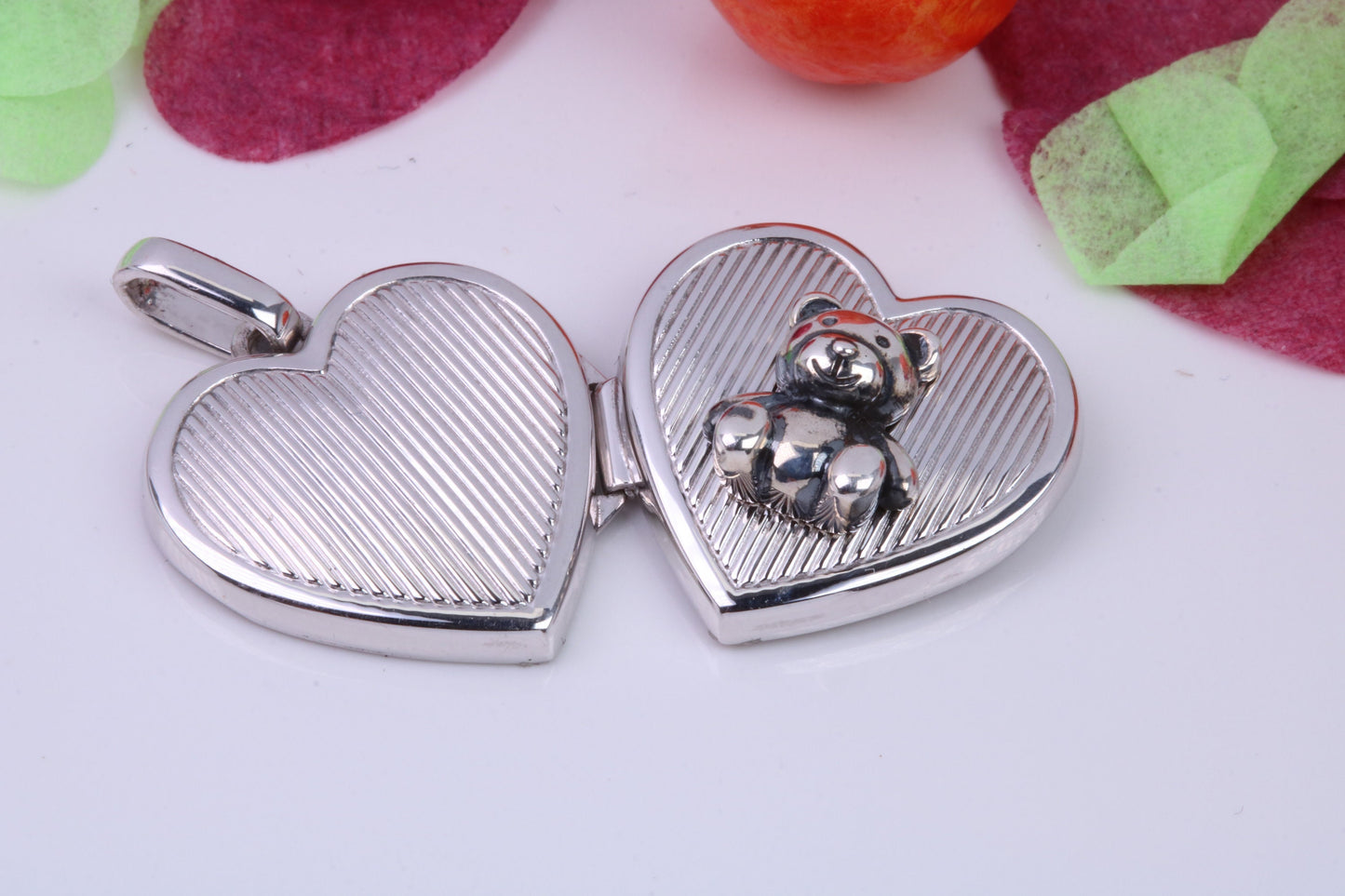 18 mm Teddy Bear Heart Shaped Locket, Made from Solid Sterling Silver