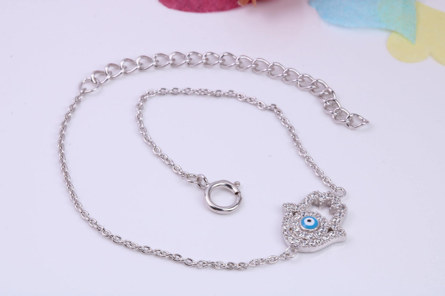Evil Eye Protector Bracelet with Length Adjustable Chain, Made from solid Sterling Silver
