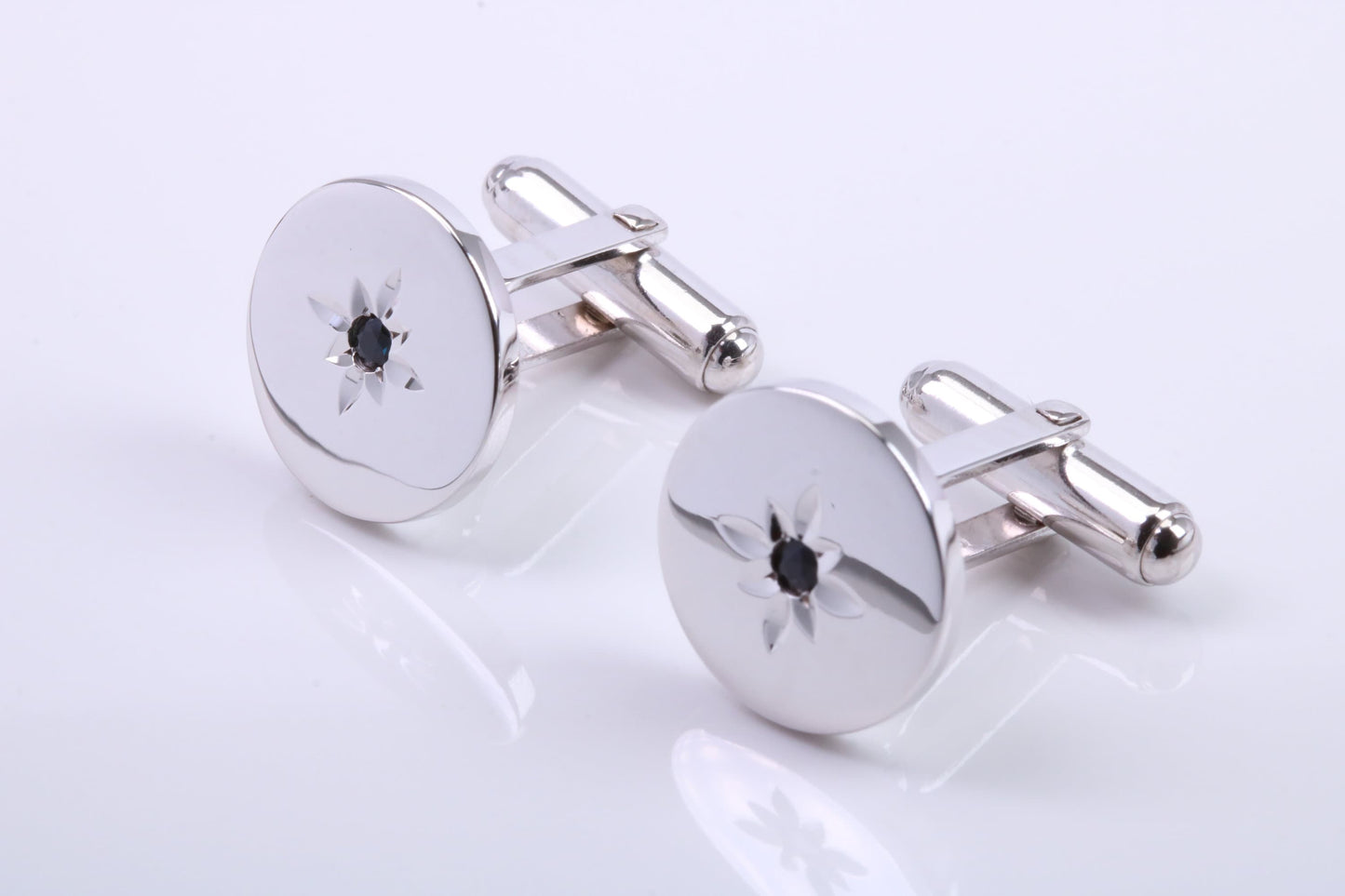 Natural Round cut Blue Sapphire set Solid Silver Cufflinks,