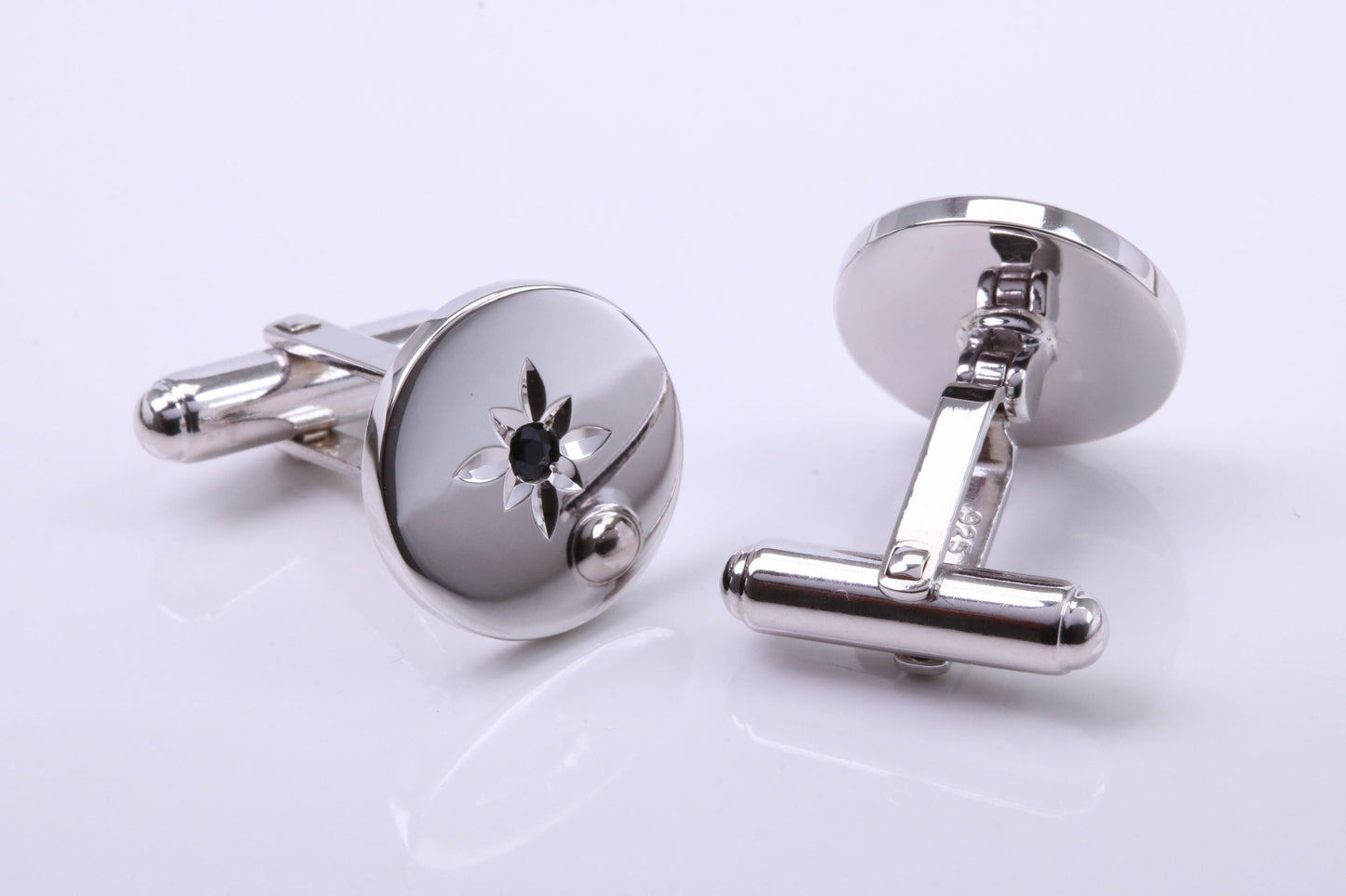 Natural Round cut Blue Sapphire set Solid Silver Cufflinks,