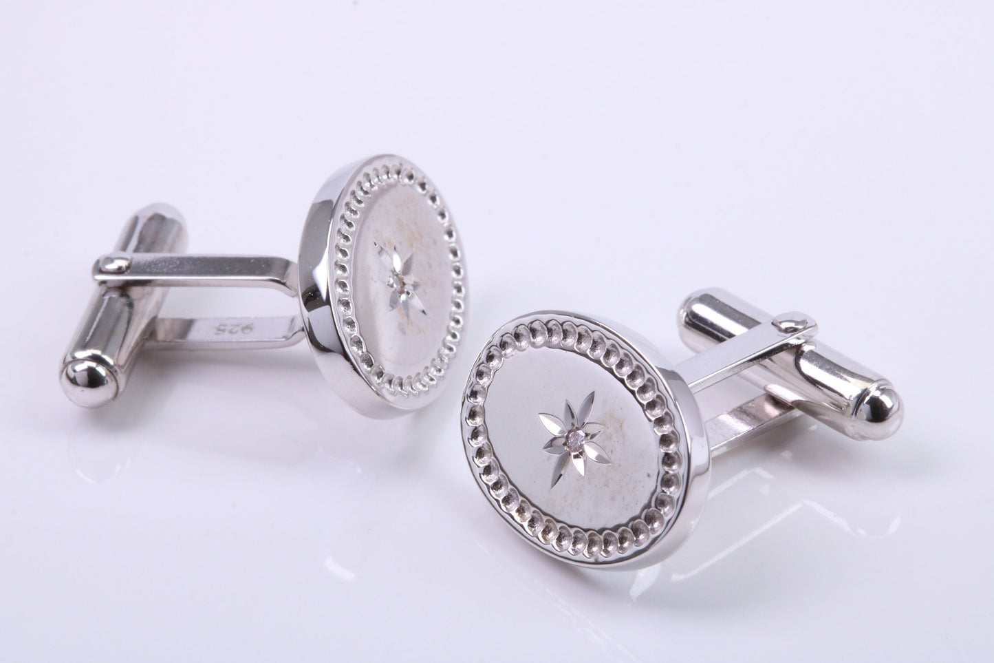 Natural Diamond set Oval Shaped Solid Silver Cufflinks