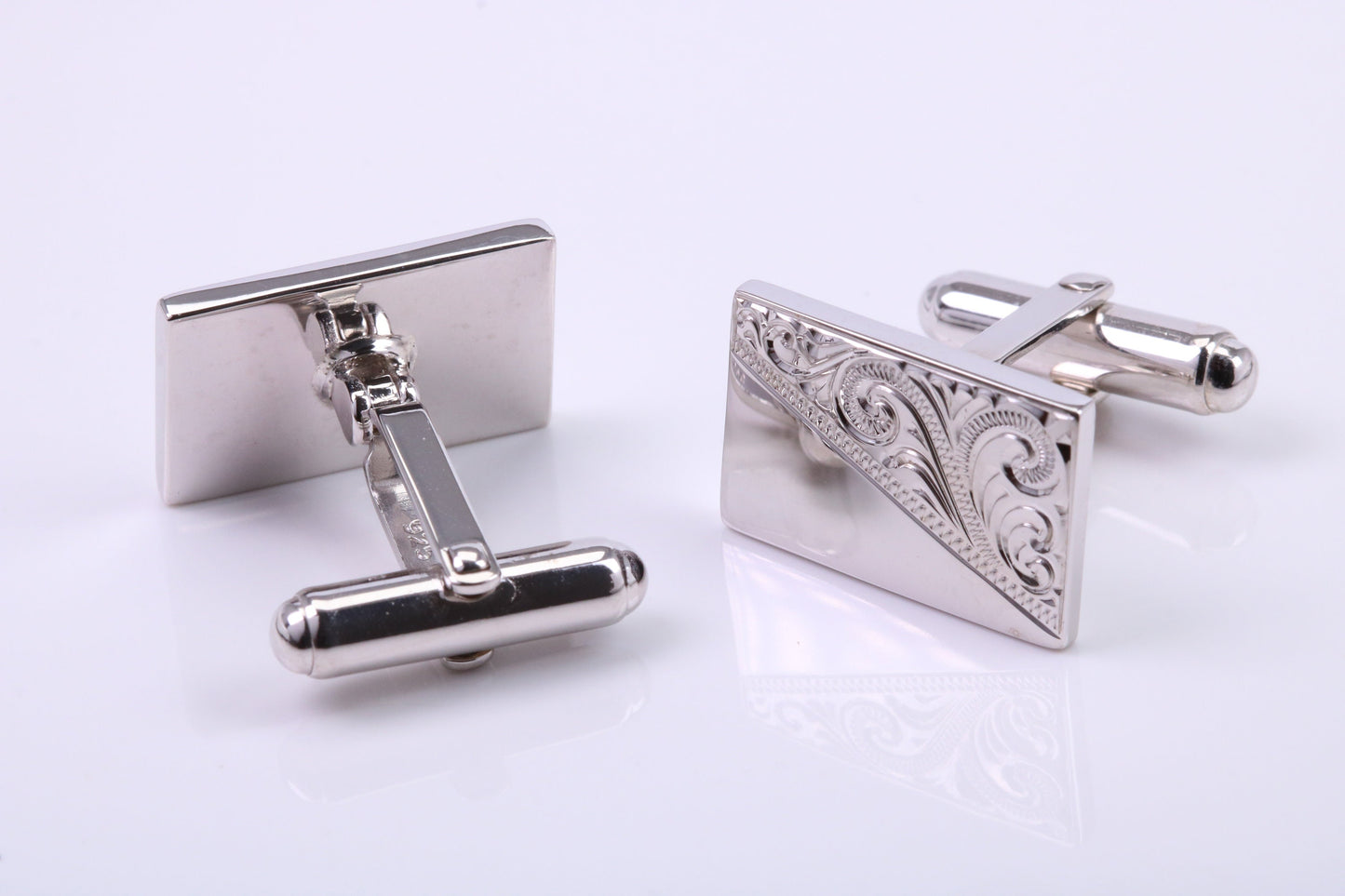 Hand Engraved Large Rectangle Solid Silver Cufflinks
