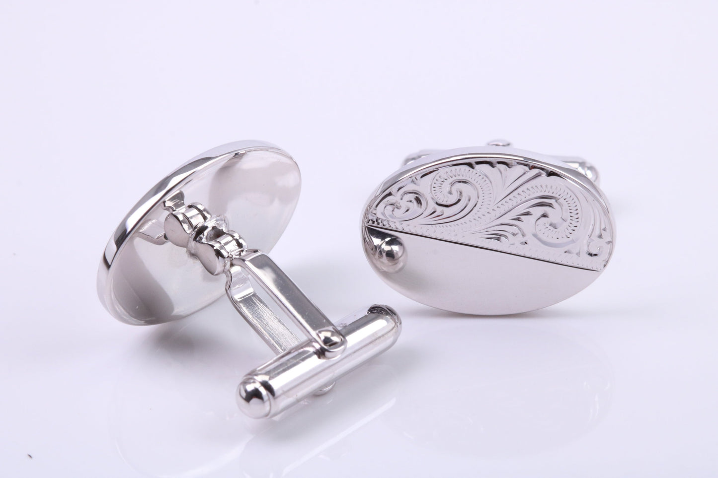 Hand Engraved Large Oval Solid Silver Cufflinks