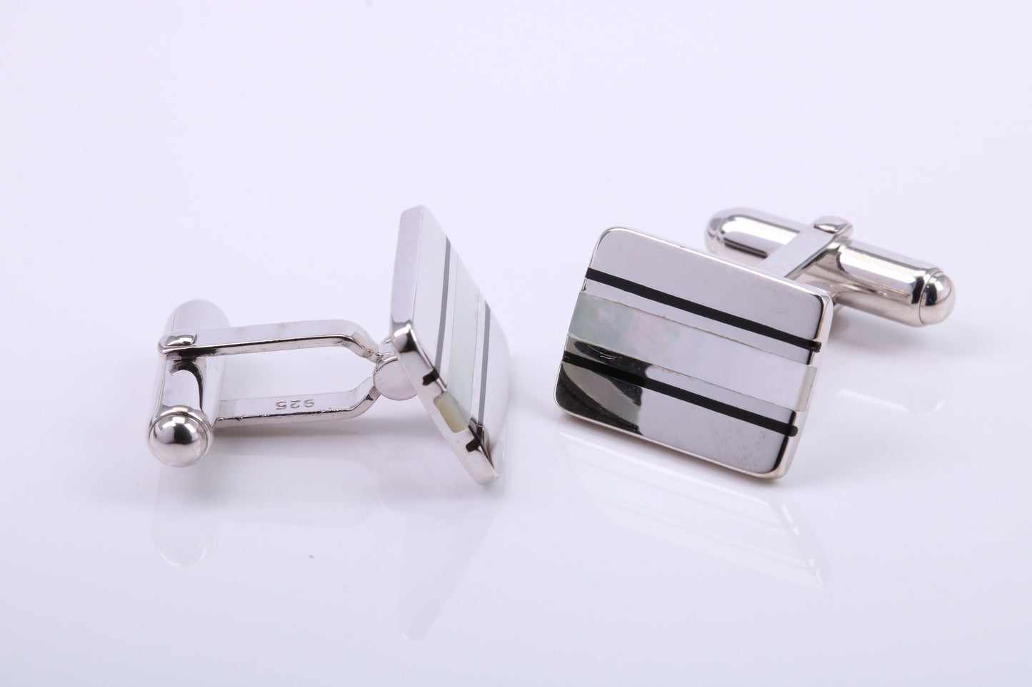 Black Onyx and Mother of Pearl set Rectangle Solid Silver Cufflinks