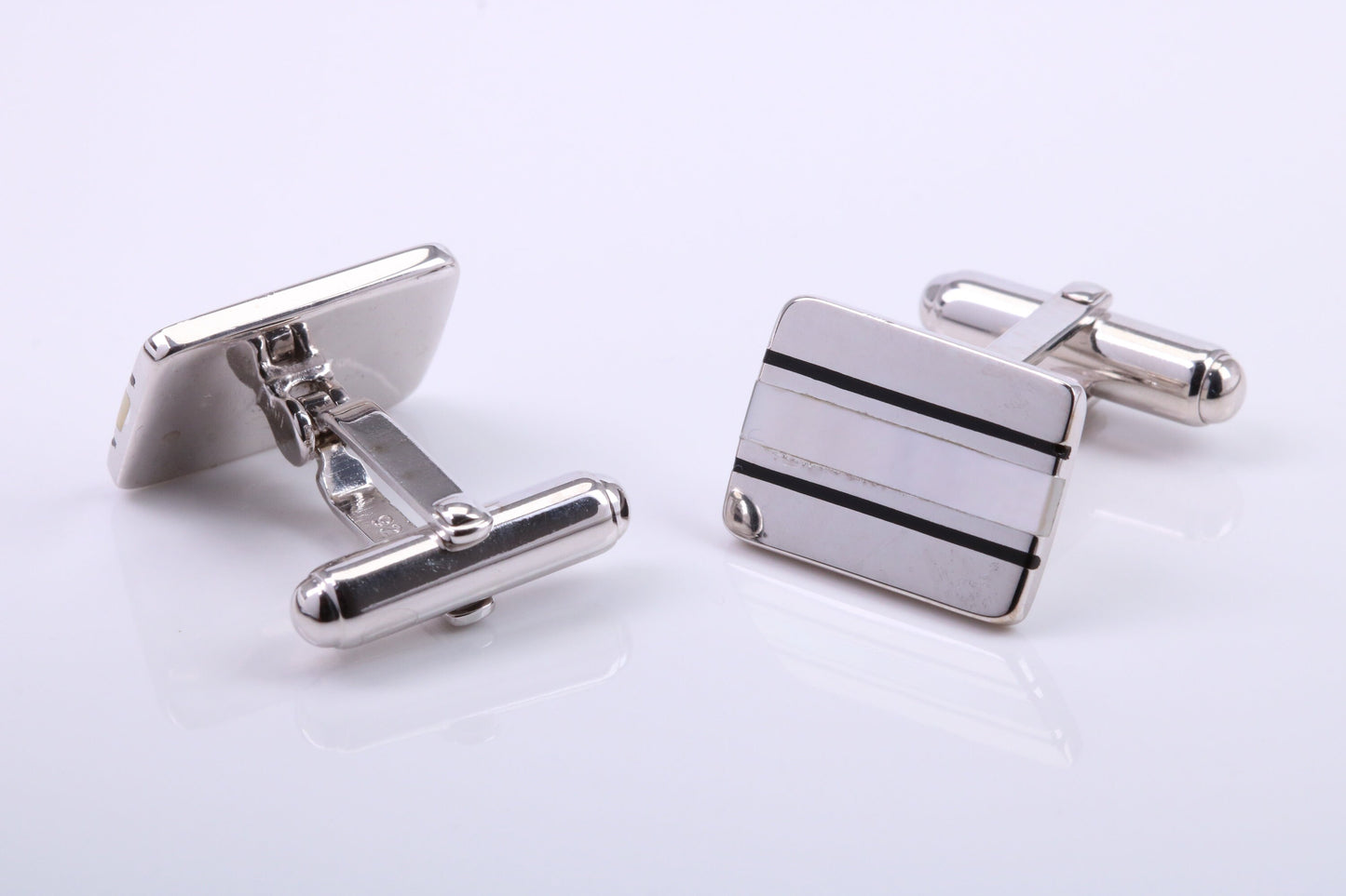 Black Onyx and Mother of Pearl set Rectangle Solid Silver Cufflinks