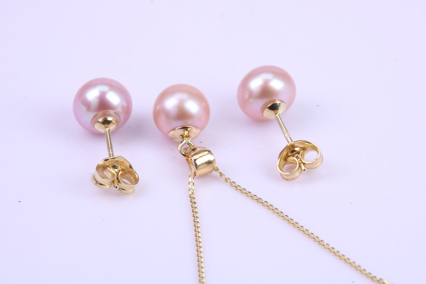 Round Natural Freshwater Pearl Stud Earrings with Matching Necklace set in Solid Yellow Gold