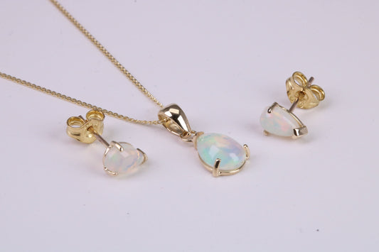 Natural Teardrop cut Opal set Stud Earrings with Necklace, Made from Solid Yellow Gold, With 18 Inch Long Chain