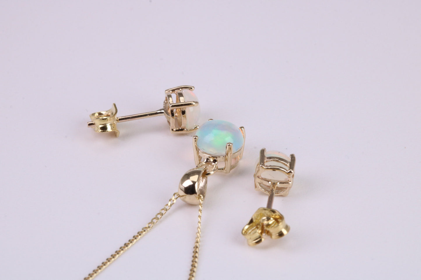 Natural Round cut Opal set Stud Earrings with Necklace, Made from Solid Yellow Gold, With 18 Inch Long Chain