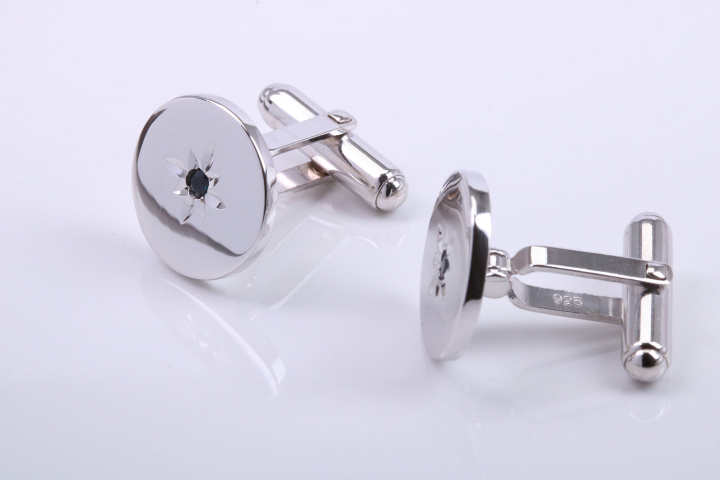 Natural Round cut Blue Sapphire set Solid Silver Cufflinks,