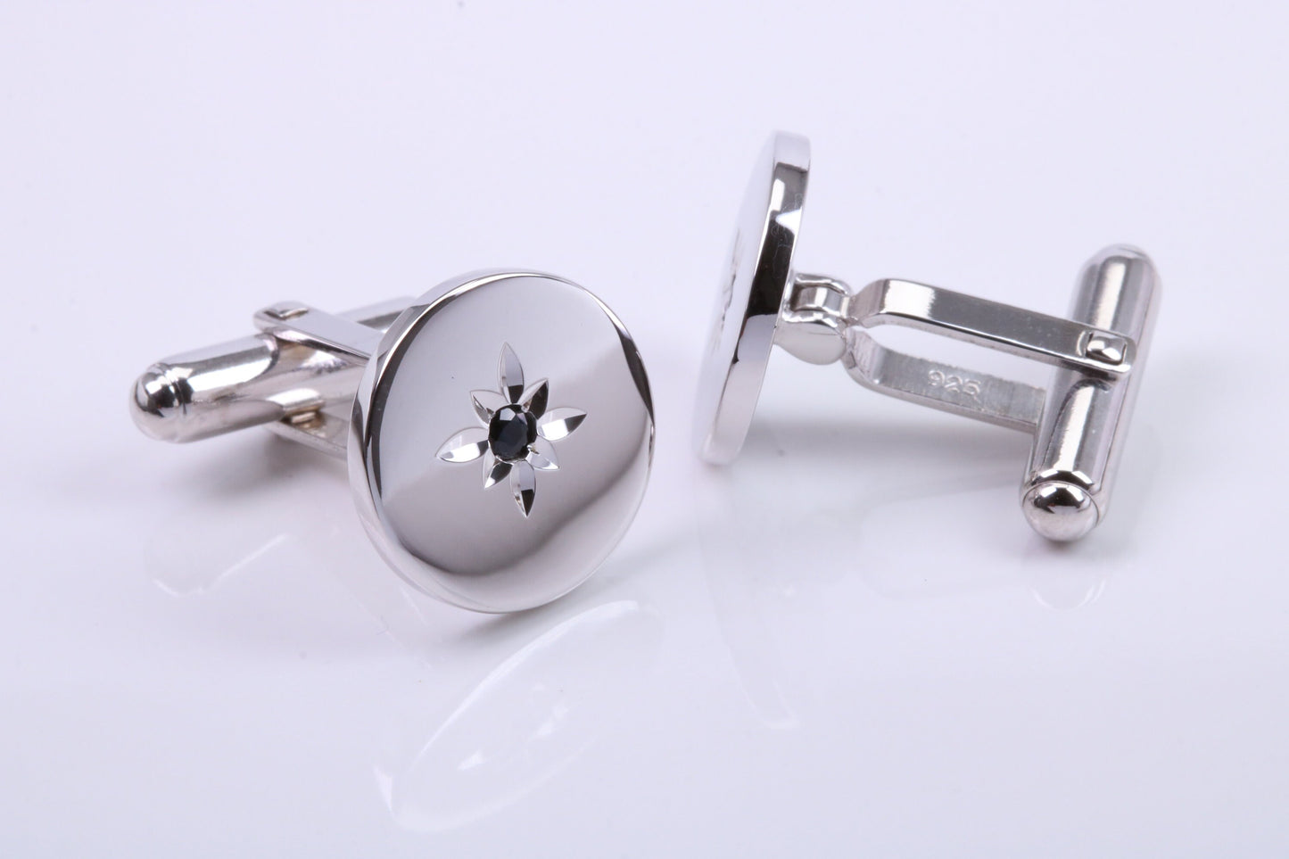 Natural Round cut Blue Sapphire set Solid Silver Cufflinks,