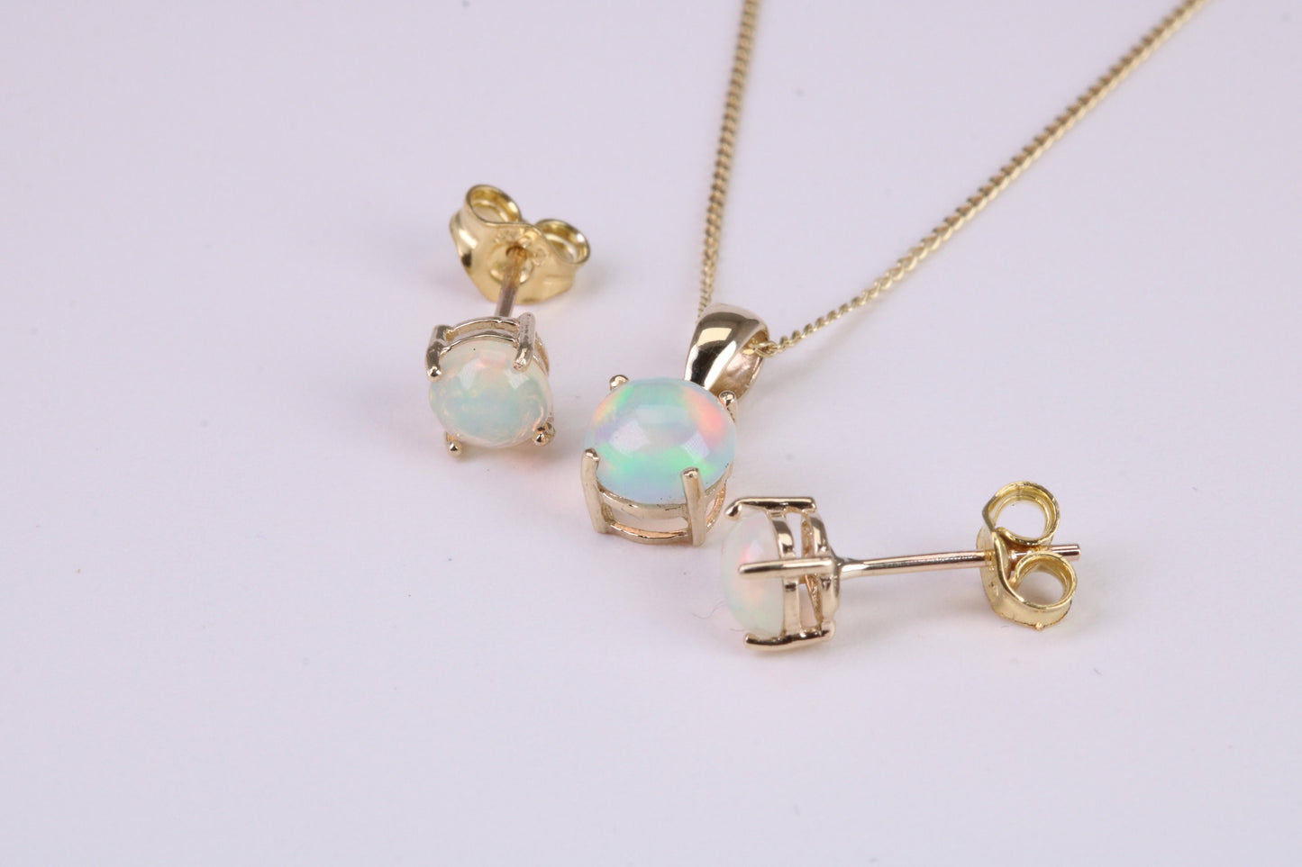 Natural Round cut Opal set Stud Earrings with Necklace, Made from Solid Yellow Gold, With 18 Inch Long Chain