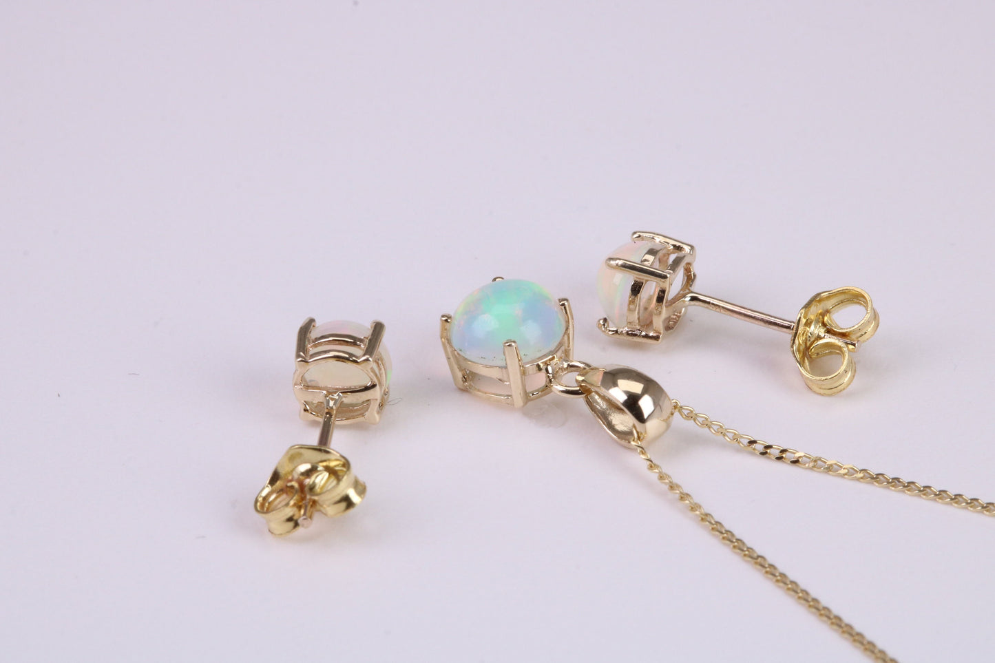 Natural Round cut Opal set Stud Earrings with Necklace, Made from Solid Yellow Gold, With 18 Inch Long Chain