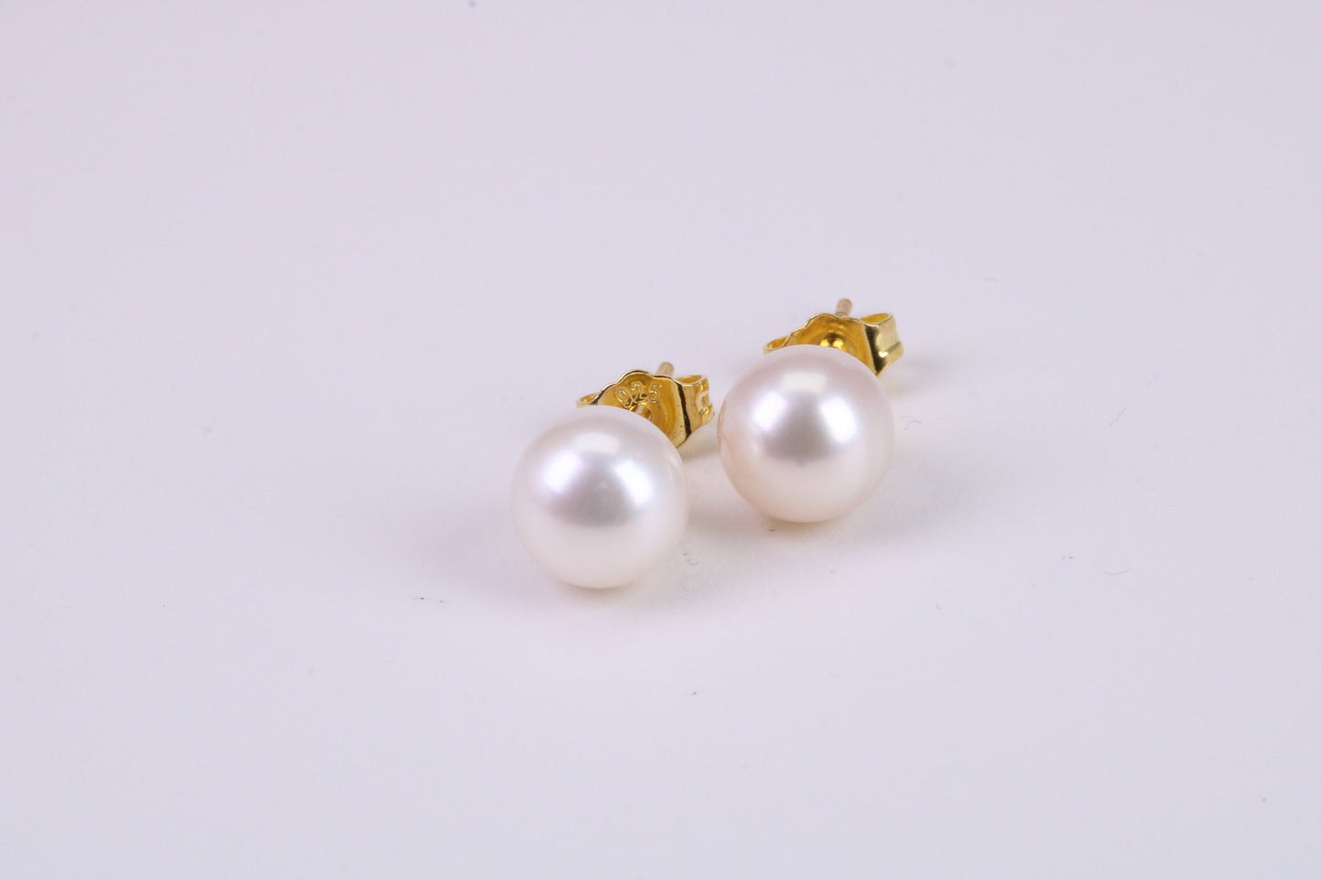 Natural 9 mm Round Pearl Stud Earrings set in Solid Silver and 18ct Yellow Gold Plated