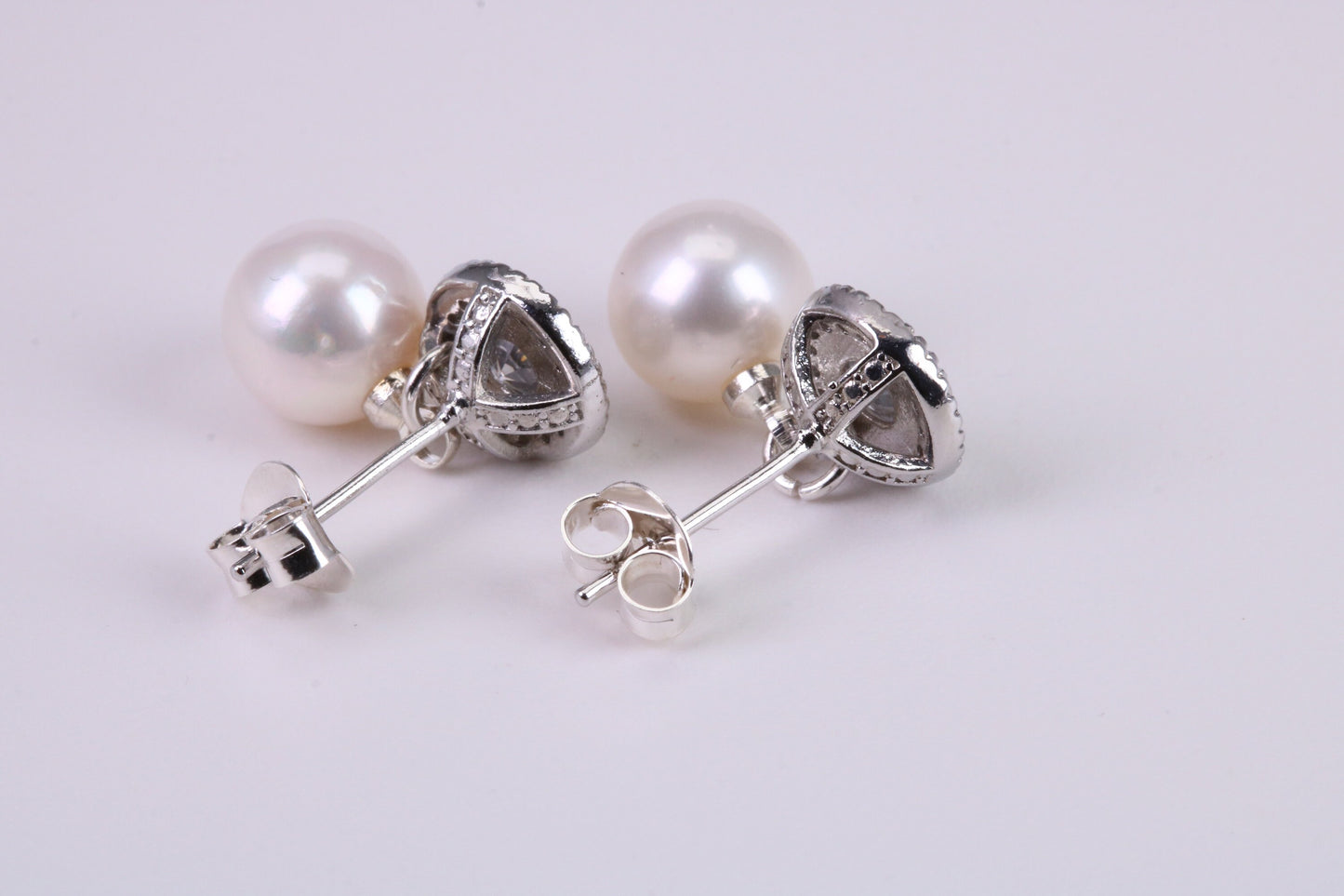 Natural 8 mm Round Pearl and Cubic Zirconia set Stud Earrings set in Solid Silver
