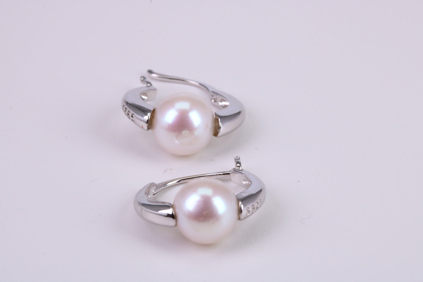 Natural 8 mm Round Pearl set Dropper Hoop Earrings set in Solid Silver