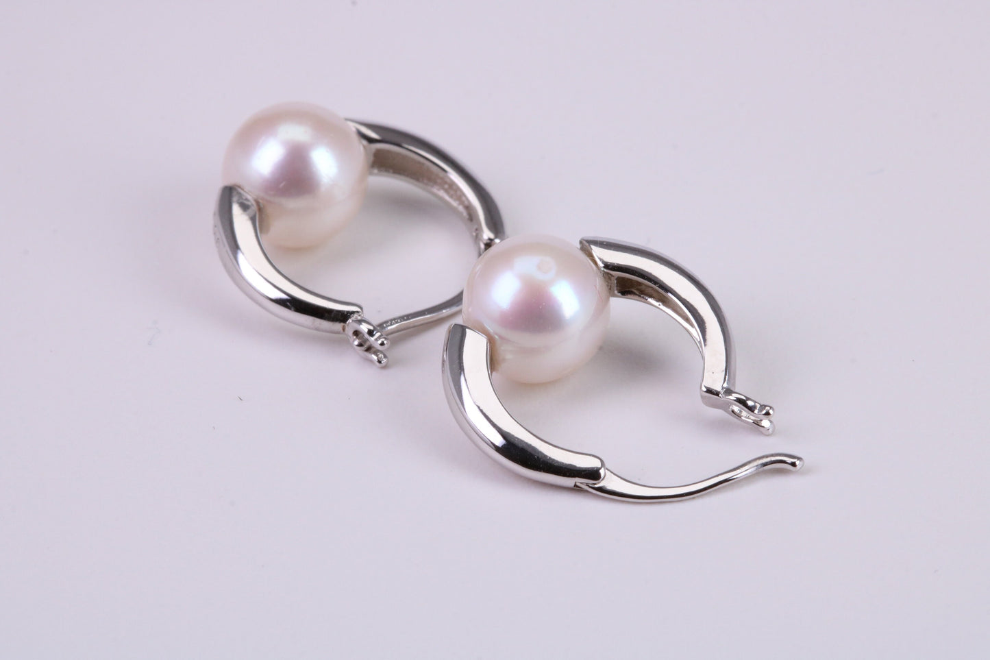 Natural 8 mm Round Pearl set Dropper Hoop Earrings set in Solid Silver