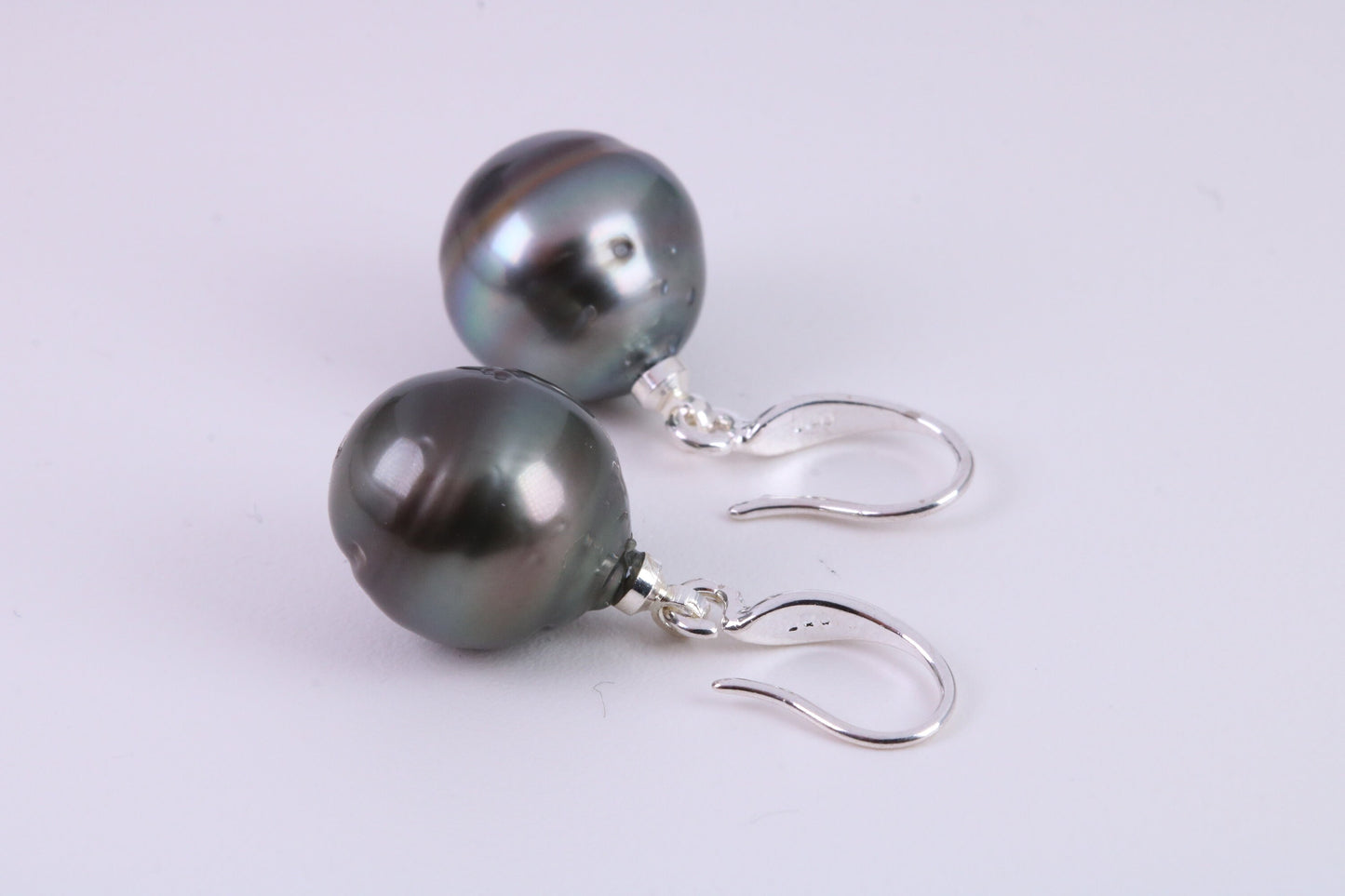Natural Tahitian 12 mm Round Pearl Dropper Earrings set in Solid Silver