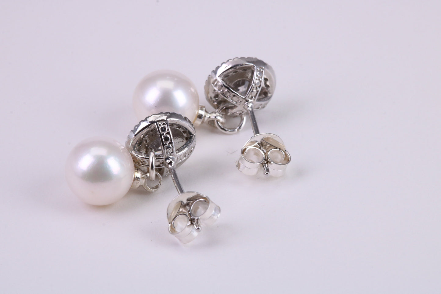 Natural 8 mm Round Pearl and Cubic Zirconia set Stud Earrings set in Solid Silver