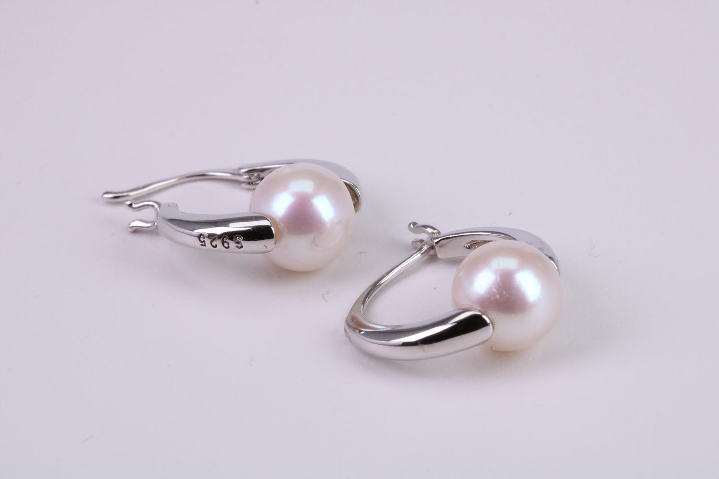 Natural 8 mm Round Pearl set Dropper Hoop Earrings set in Solid Silver