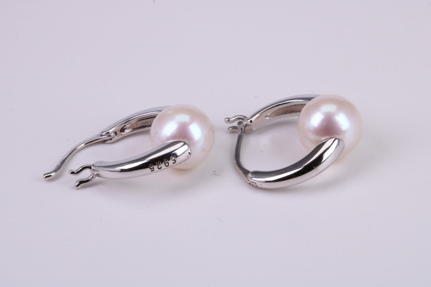 Natural 8 mm Round Pearl set Dropper Hoop Earrings set in Solid Silver