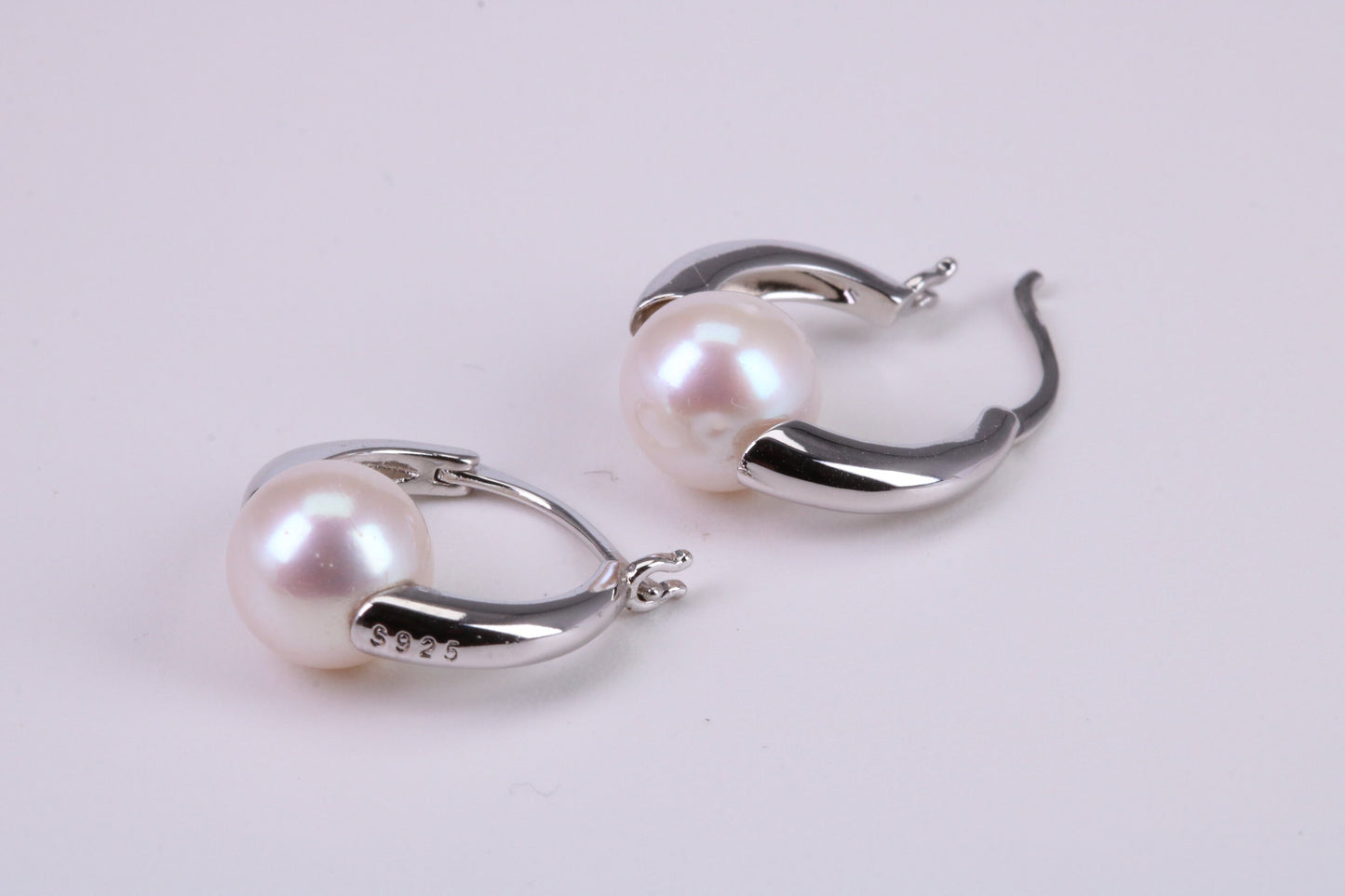 Natural 8 mm Round Pearl set Dropper Hoop Earrings set in Solid Silver