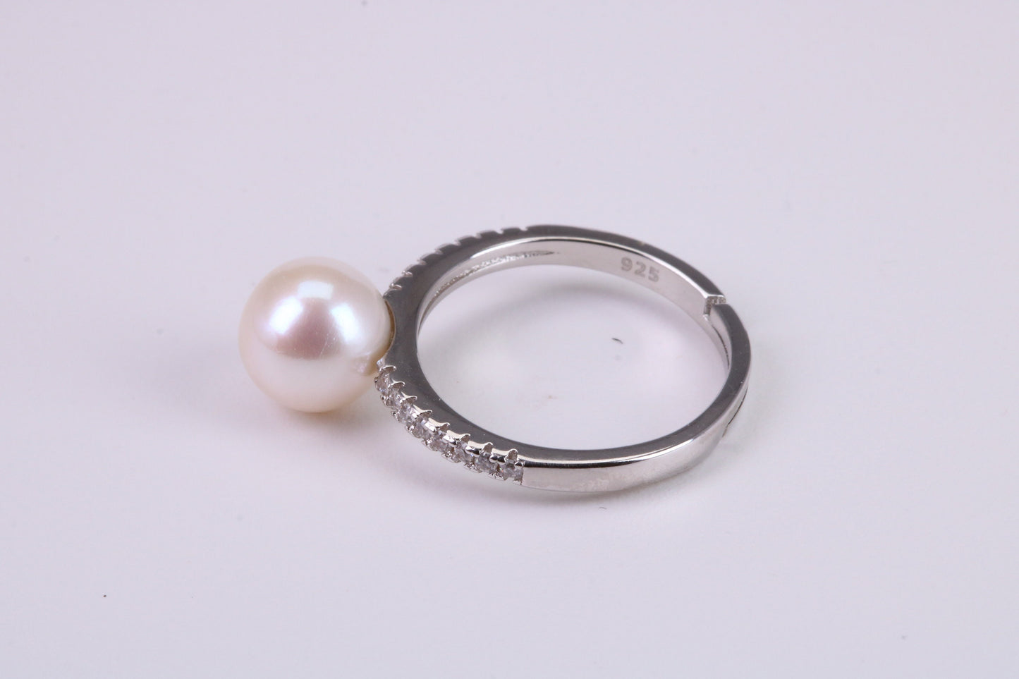 Natural 8 mm Round Pearl and Cubic Zirconia set Ring set in Solid Silver