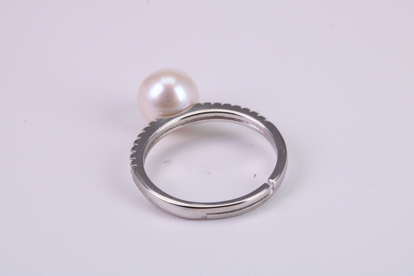Natural 8 mm Round Pearl and Cubic Zirconia set Ring set in Solid Silver