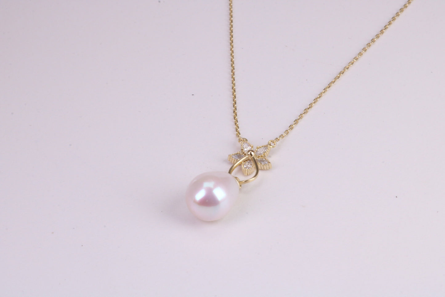 Natural Pearl and Cubic Zirconia set Necklace set in Solid Silver, 18ct Yellow Gold Plated, Length Adjustable Chain