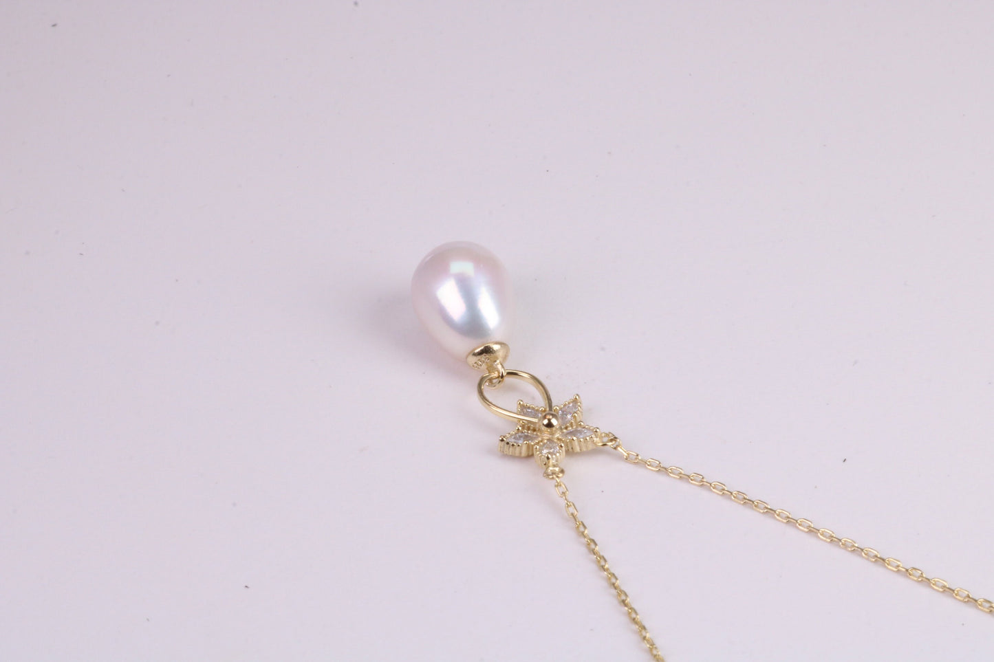 Natural Pearl and Cubic Zirconia set Necklace set in Solid Silver, 18ct Yellow Gold Plated, Length Adjustable Chain