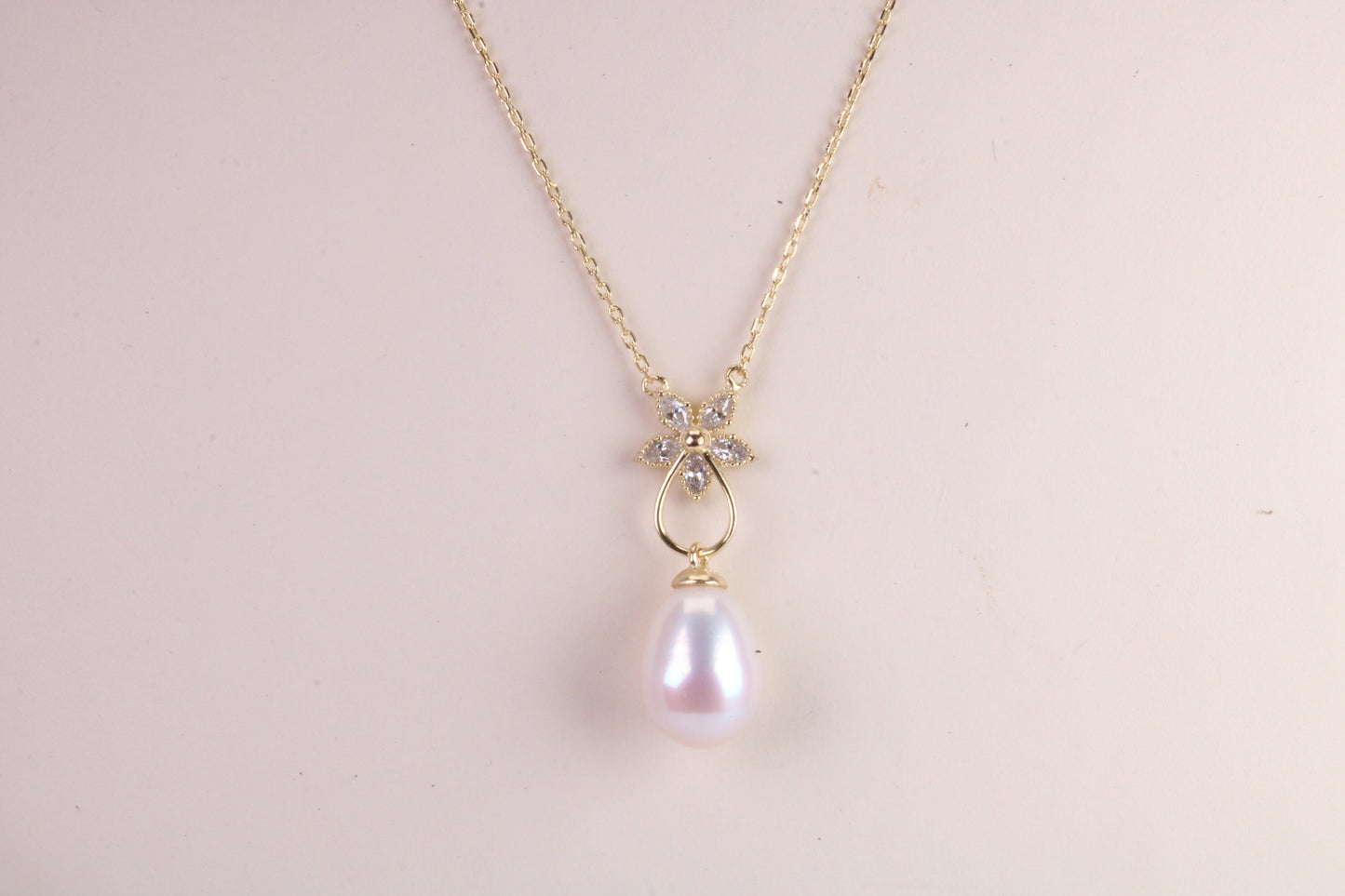 Natural Pearl and Cubic Zirconia set Necklace set in Solid Silver, 18ct Yellow Gold Plated, Length Adjustable Chain