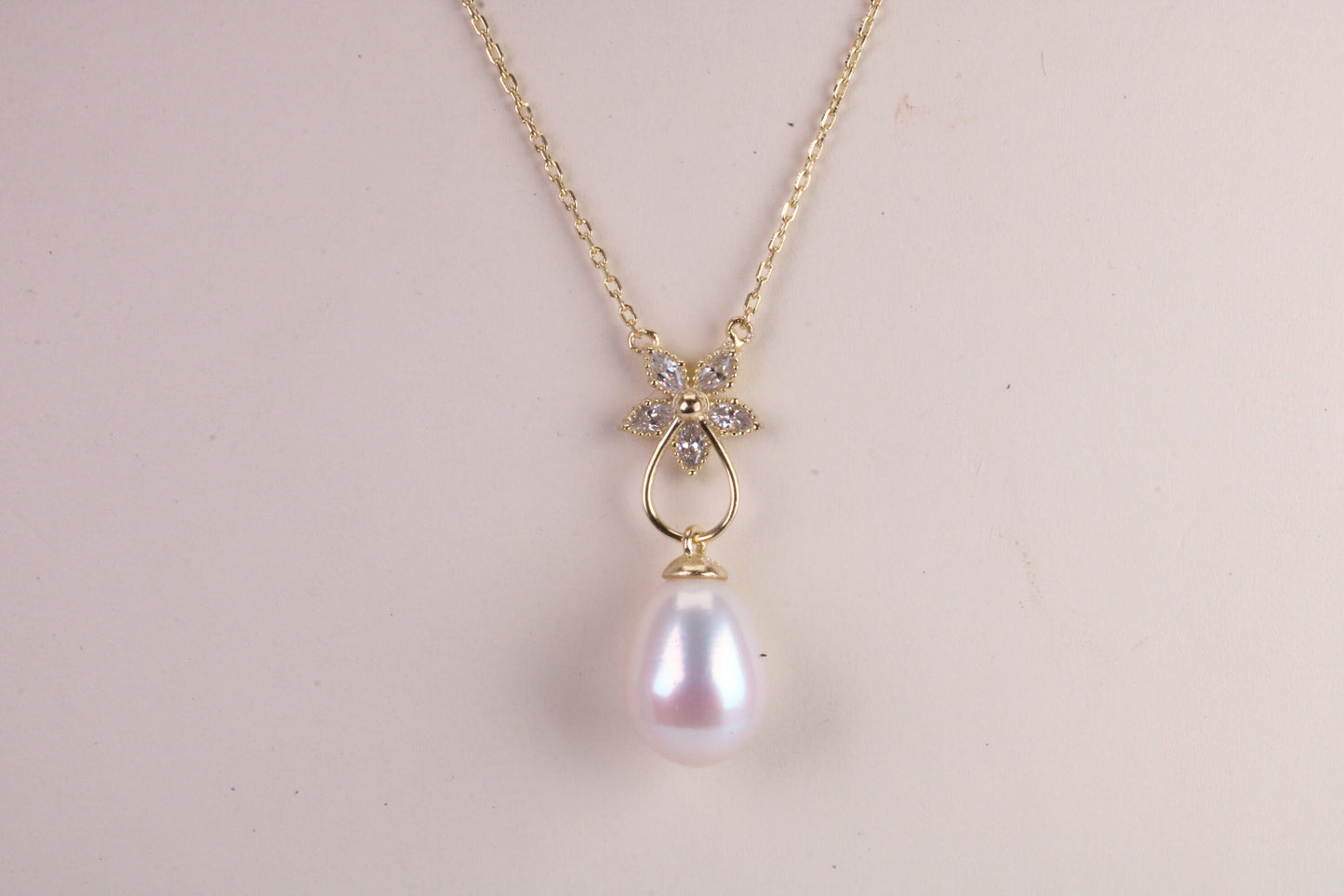 Natural Pearl and Cubic Zirconia set Necklace set in Solid Silver, 18ct Yellow Gold Plated, Length Adjustable Chain