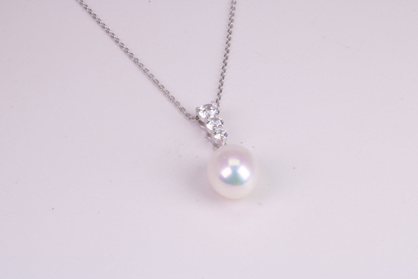 Natural Pearl and Cubic Zirconia set Necklace set in Solid Silver, 18ct Yellow Gold Plated, Length Adjustable Chain