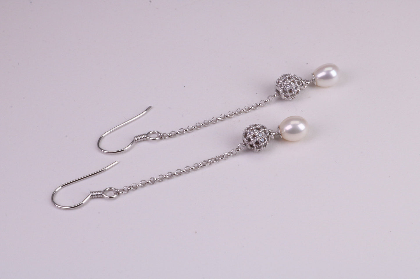 45 mm Long Natural Pearl and Cubic Zirconia set Dropper Earrings, set in Solid Silver