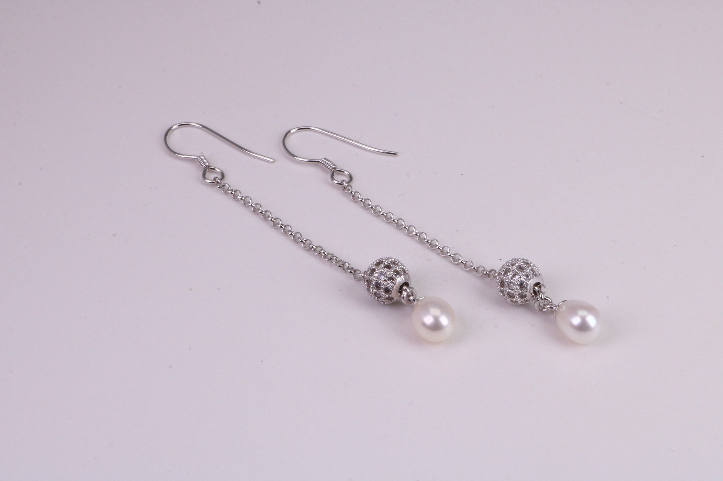 45 mm Long Natural Pearl and Cubic Zirconia set Dropper Earrings, set in Solid Silver