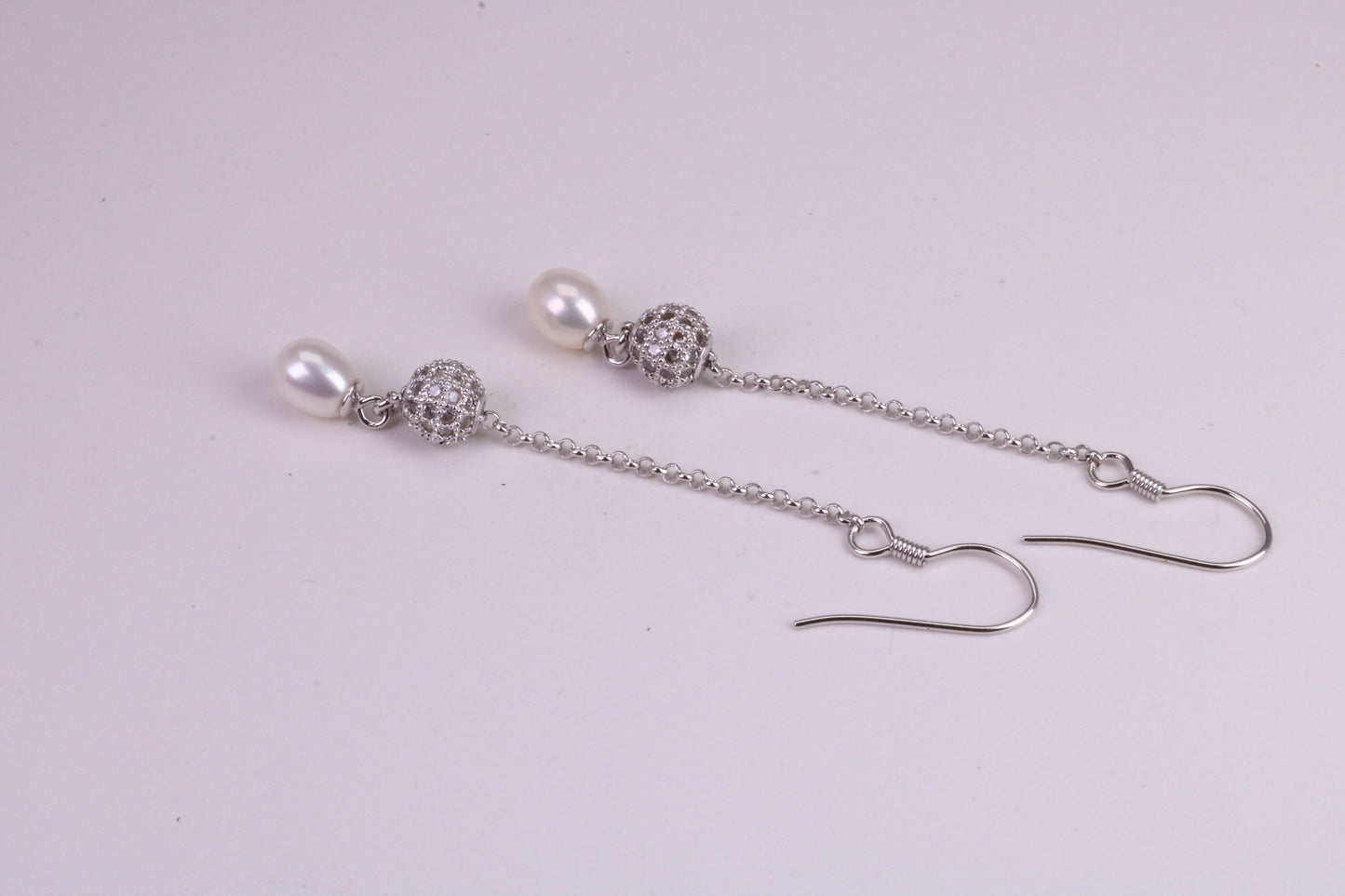 45 mm Long Natural Pearl and Cubic Zirconia set Dropper Earrings, set in Solid Silver