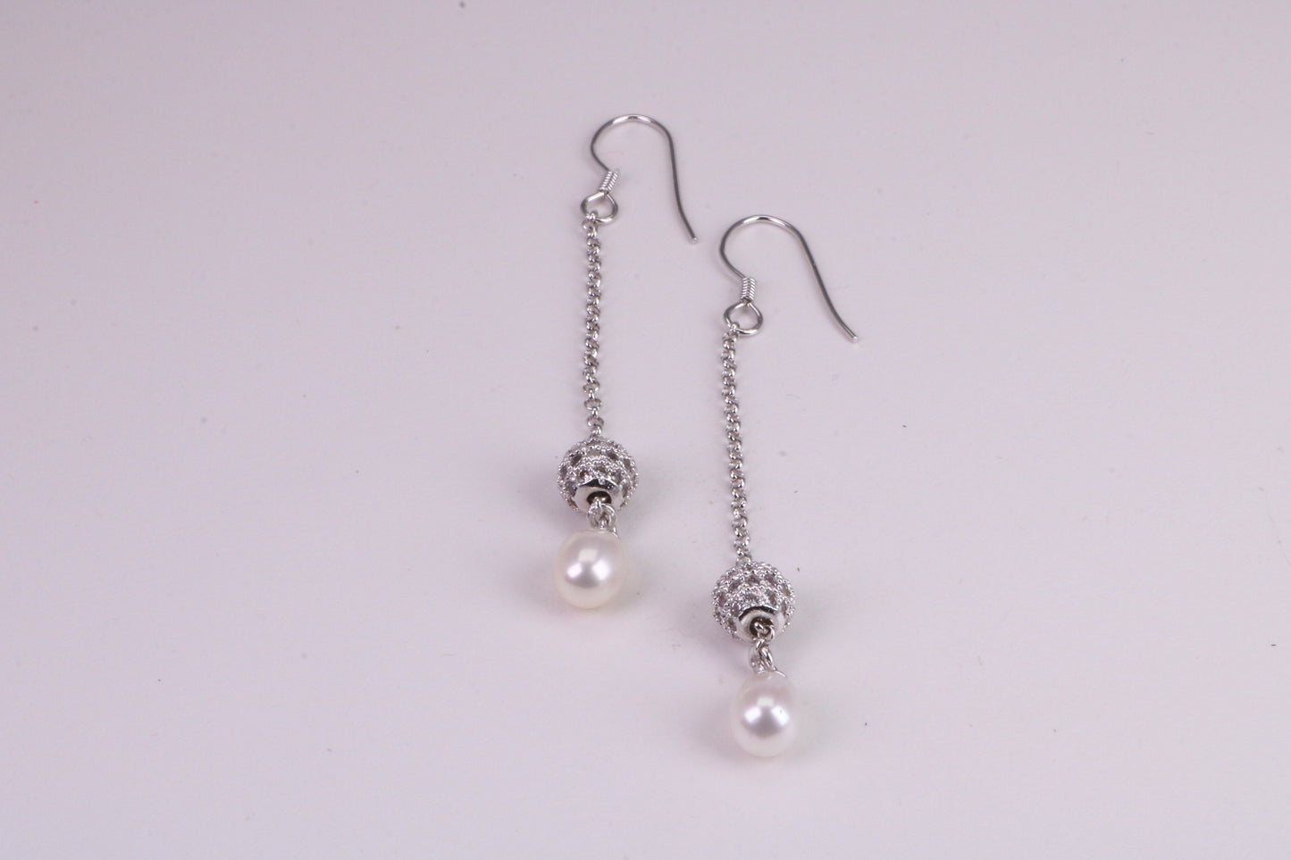 45 mm Long Natural Pearl and Cubic Zirconia set Dropper Earrings, set in Solid Silver