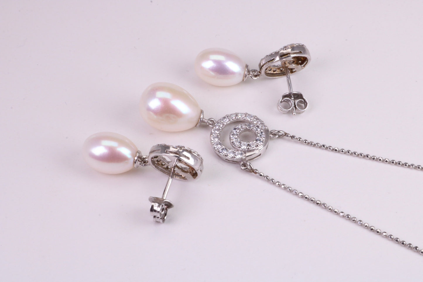 Natural Pearl and Cubic Zirconia set Necklace and Matching Earrings, set in Solid Silver, Length Adjustable Chain