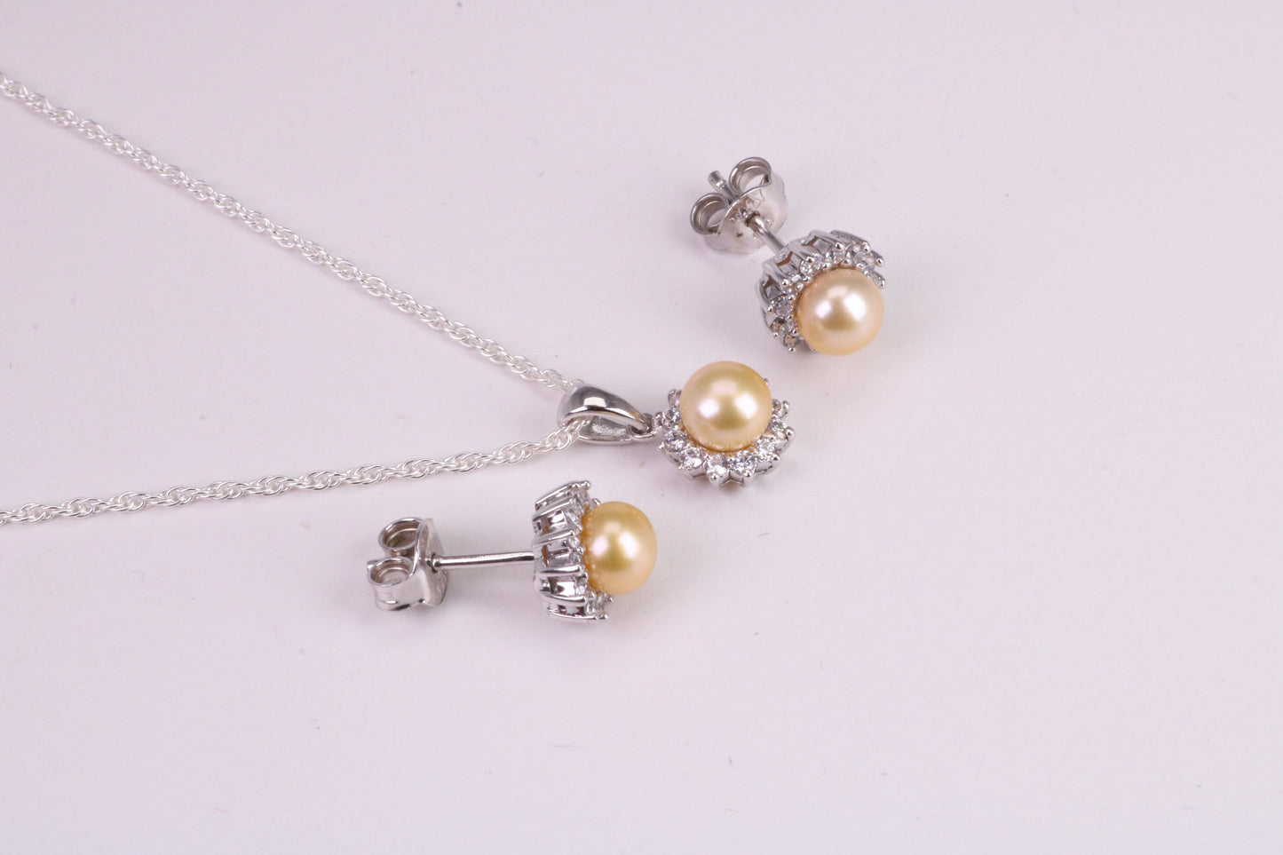 Natural Yellow Pearl and Cubic Zirconia set Necklace and Matching Earrings, set in Solid Silver