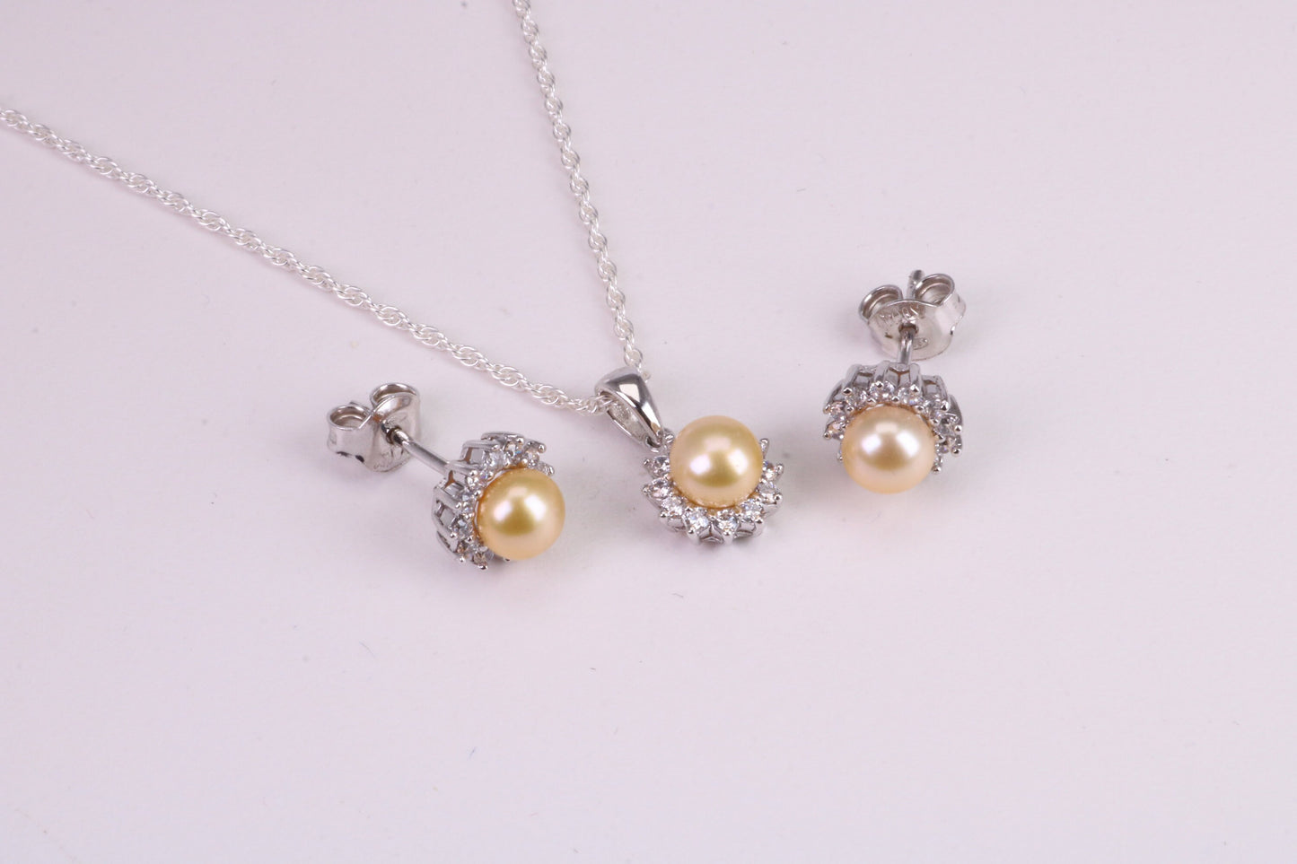 Natural Yellow Pearl and Cubic Zirconia set Necklace and Matching Earrings, set in Solid Silver