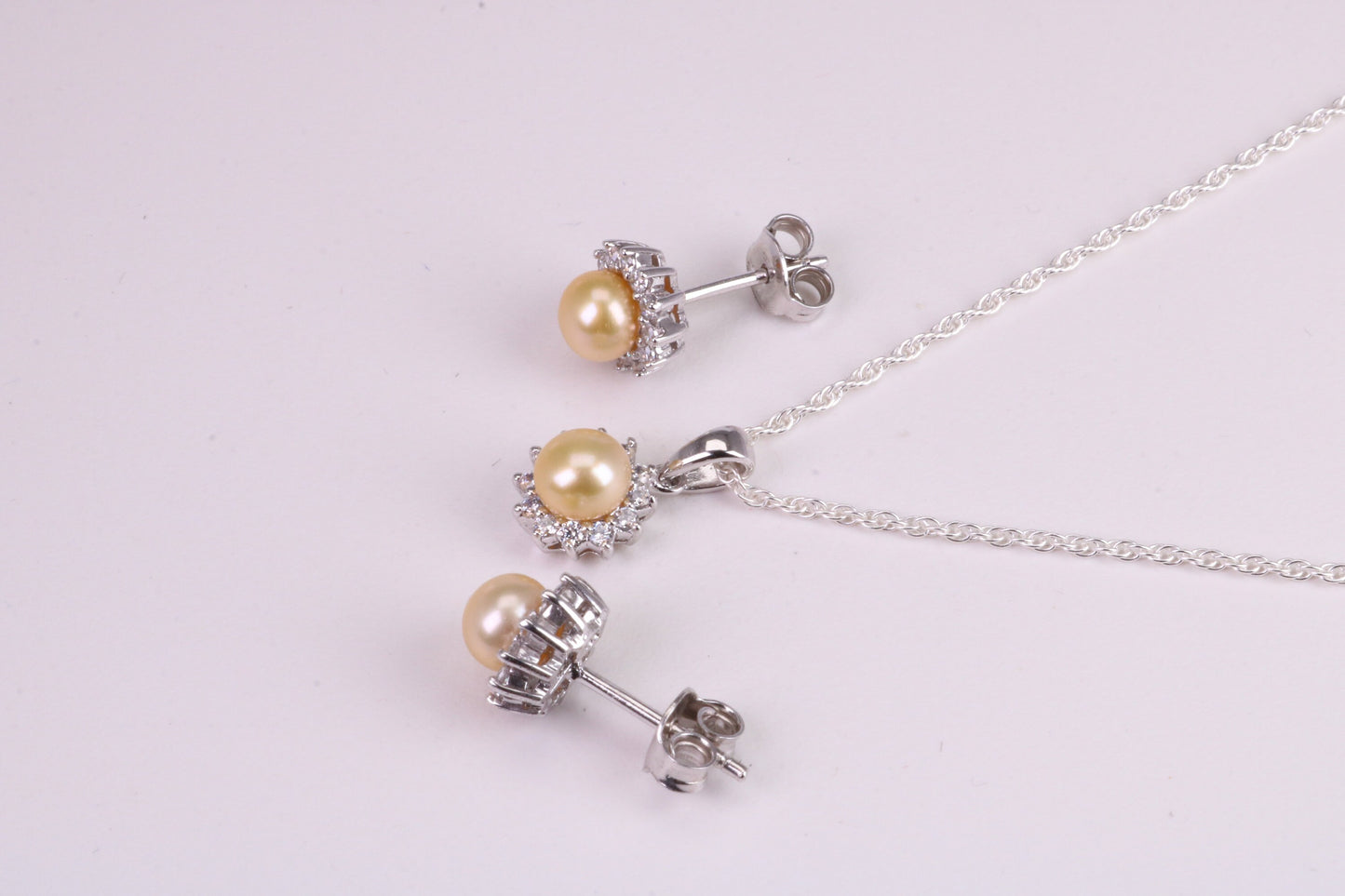 Natural Yellow Pearl and Cubic Zirconia set Necklace and Matching Earrings, set in Solid Silver
