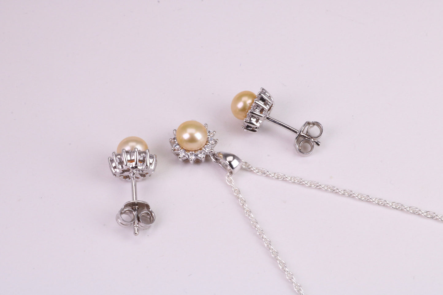 Natural Yellow Pearl and Cubic Zirconia set Necklace and Matching Earrings, set in Solid Silver