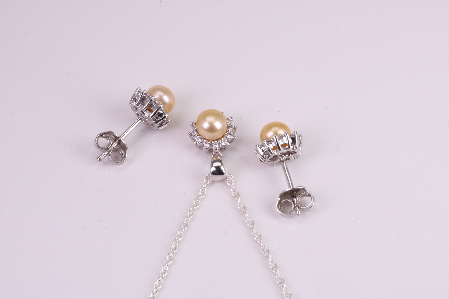 Natural Yellow Pearl and Cubic Zirconia set Necklace and Matching Earrings, set in Solid Silver