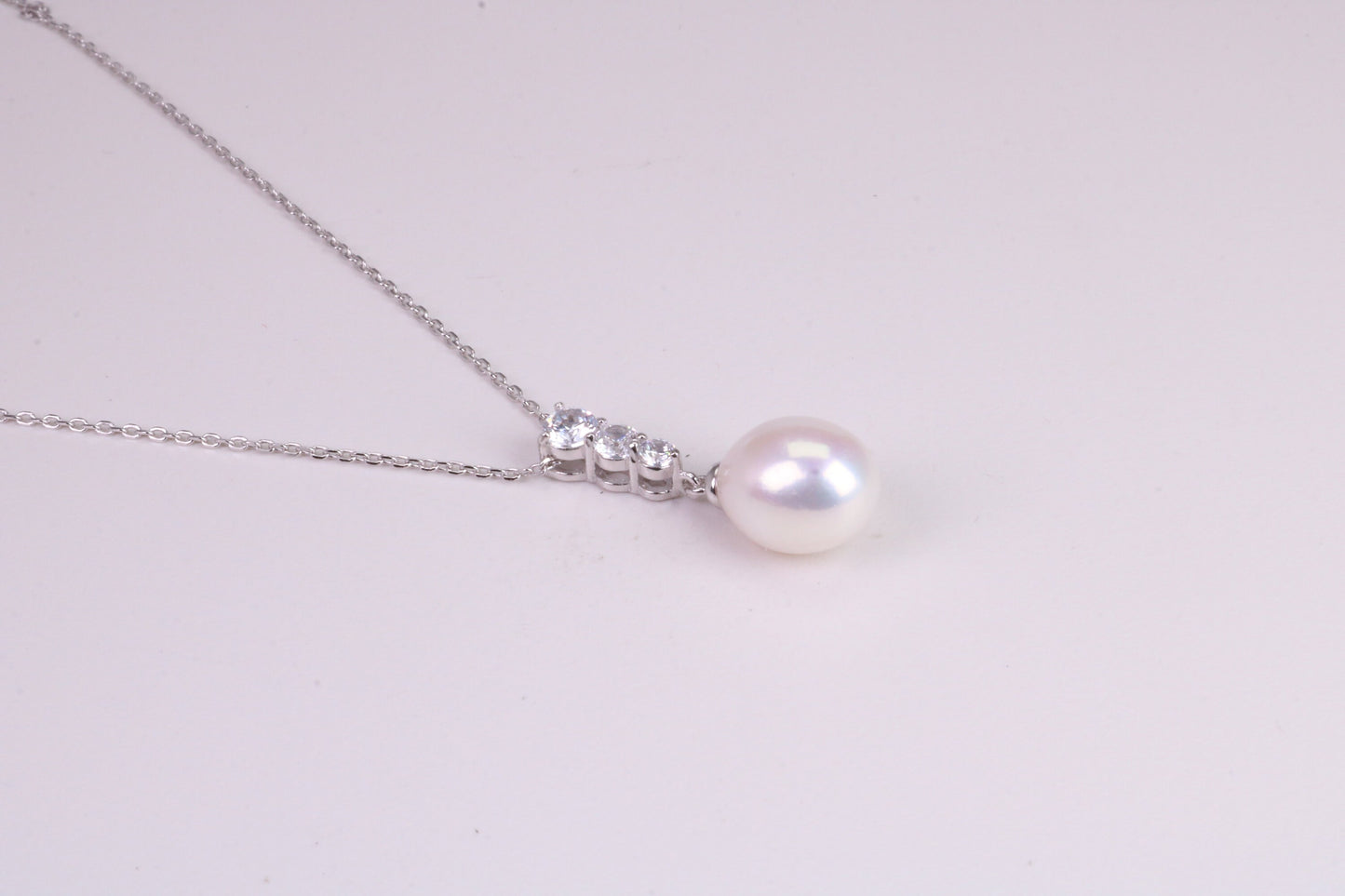 Natural Pearl and Cubic Zirconia set Necklace set in Solid Silver, 18ct Yellow Gold Plated, Length Adjustable Chain