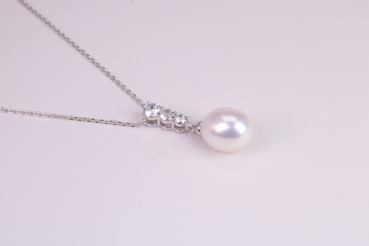 Natural Pearl and Cubic Zirconia set Necklace set in Solid Silver, 18ct Yellow Gold Plated, Length Adjustable Chain