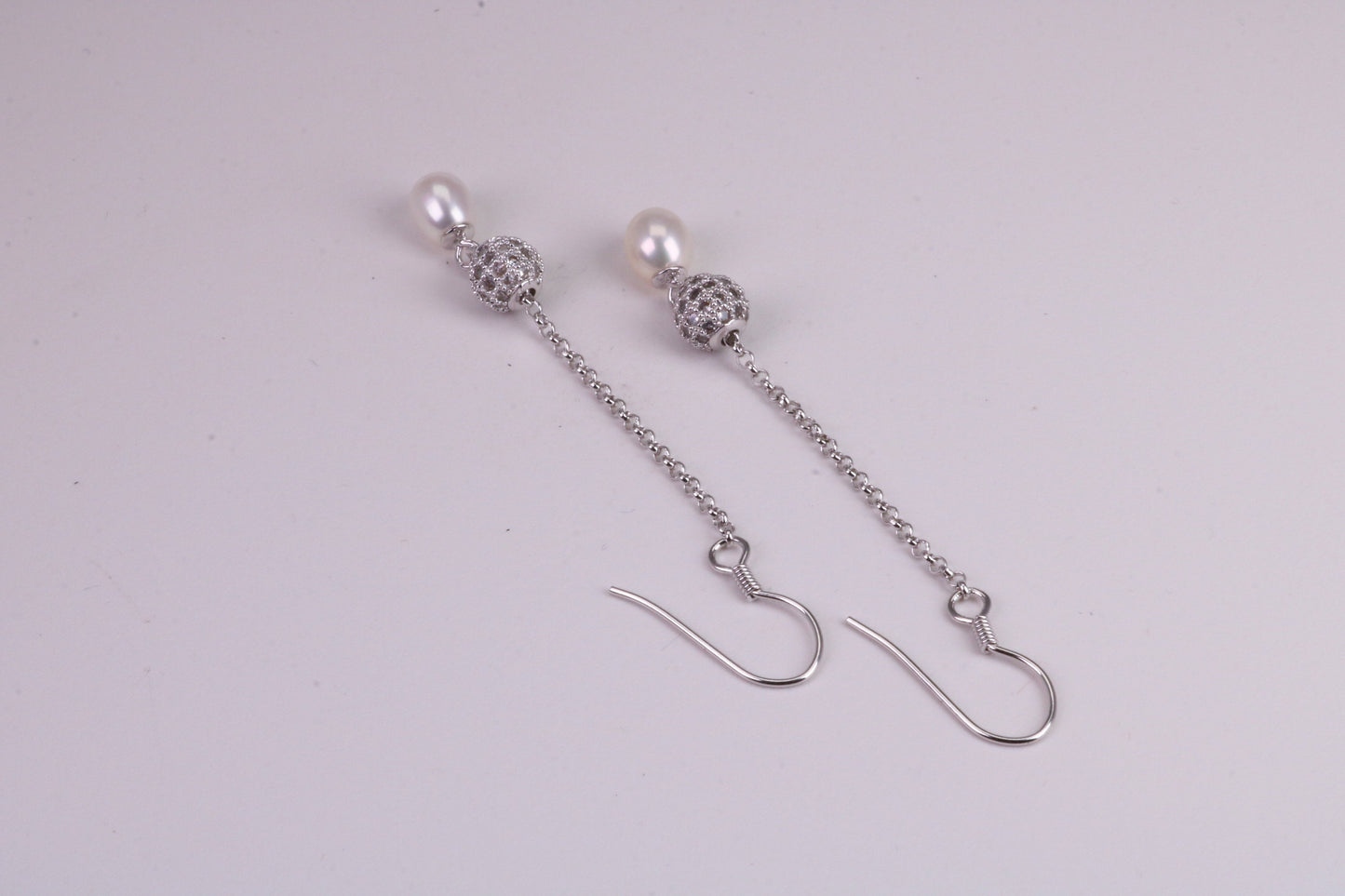 45 mm Long Natural Pearl and Cubic Zirconia set Dropper Earrings, set in Solid Silver