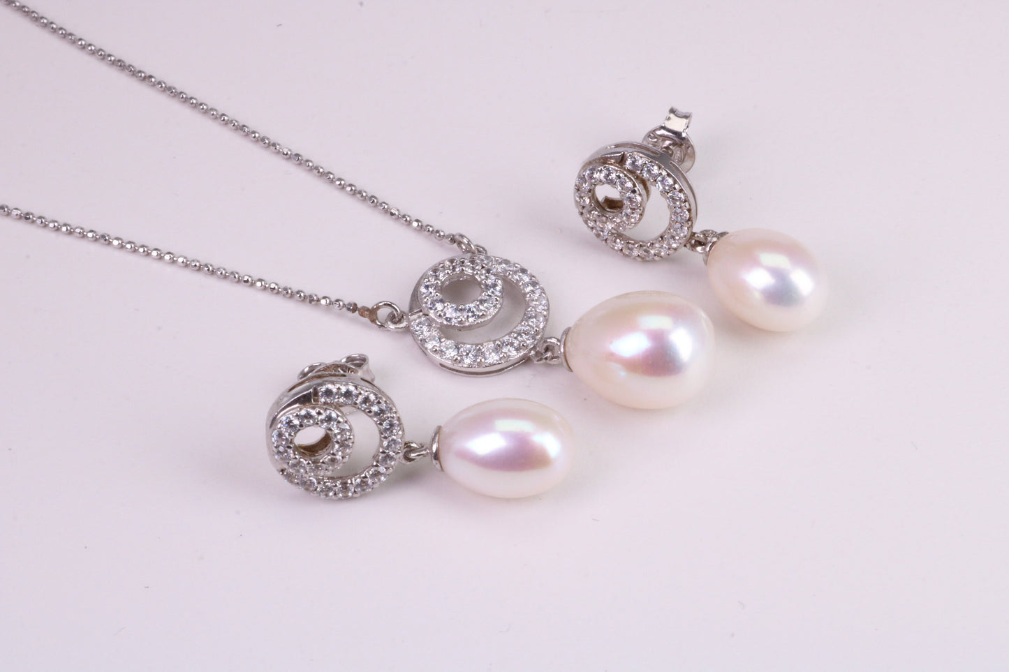 Natural Pearl and Cubic Zirconia set Necklace and Matching Earrings, set in Solid Silver, Length Adjustable Chain