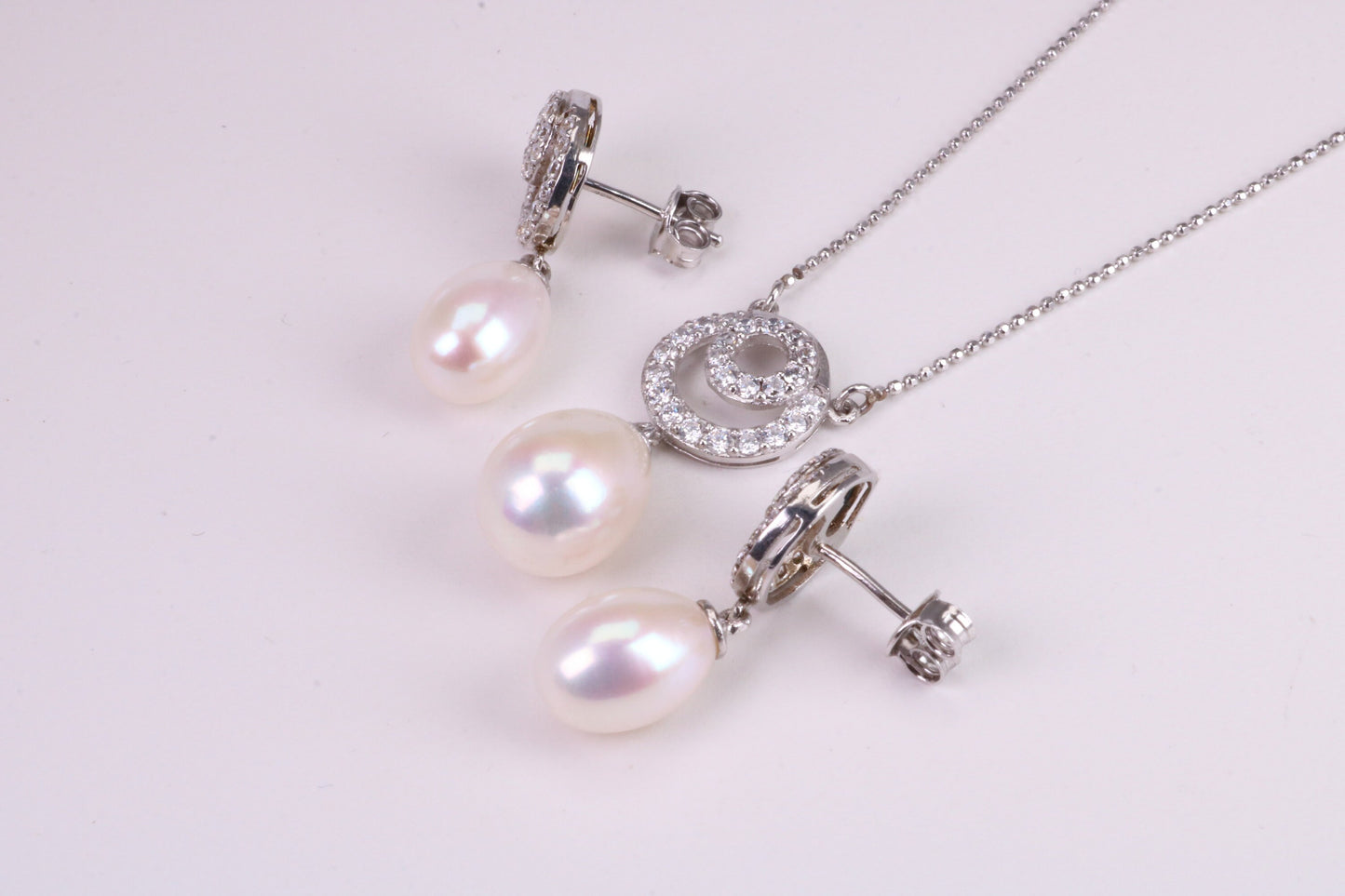 Natural Pearl and Cubic Zirconia set Necklace and Matching Earrings, set in Solid Silver, Length Adjustable Chain