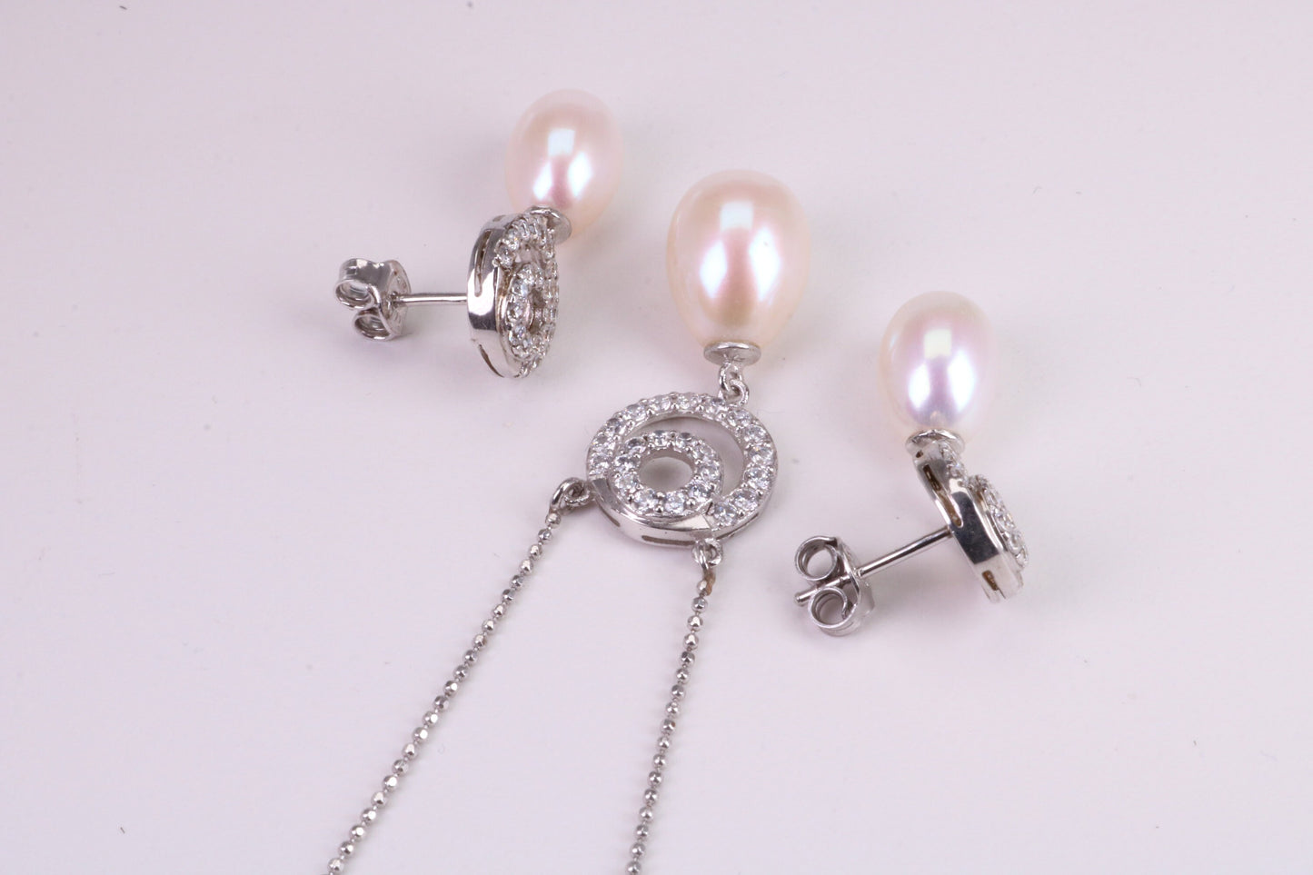 Natural Pearl and Cubic Zirconia set Necklace and Matching Earrings, set in Solid Silver, Length Adjustable Chain