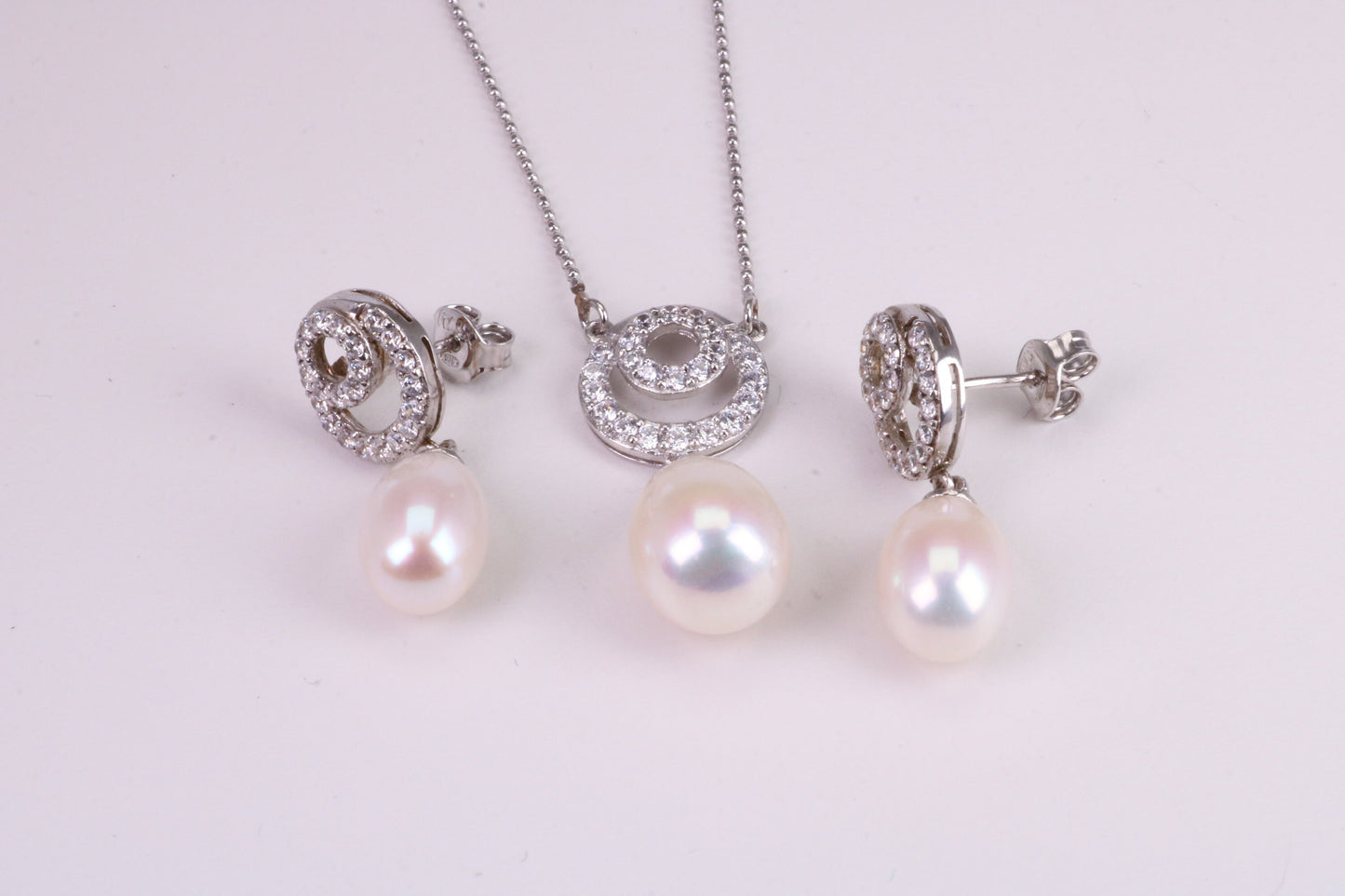 Natural Pearl and Cubic Zirconia set Necklace and Matching Earrings, set in Solid Silver, Length Adjustable Chain